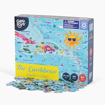 GeoToys Caribbean Jigsaw Puzzles, Geography Puzzle, 250 Pc Map Puzzle with Flags - Island & Sea Life Puzzles for Kids, Educational Toys for 5+ Year Old Boys & Girls