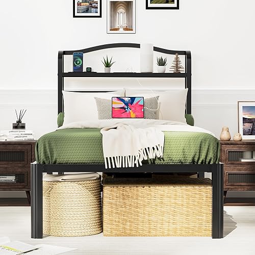 Miniatura 3 de Base de cama Individual XL con cabecera, base de colchón de metal, armazón de cama de 18 pulgadas de alto, no necesita somier, base de cama de