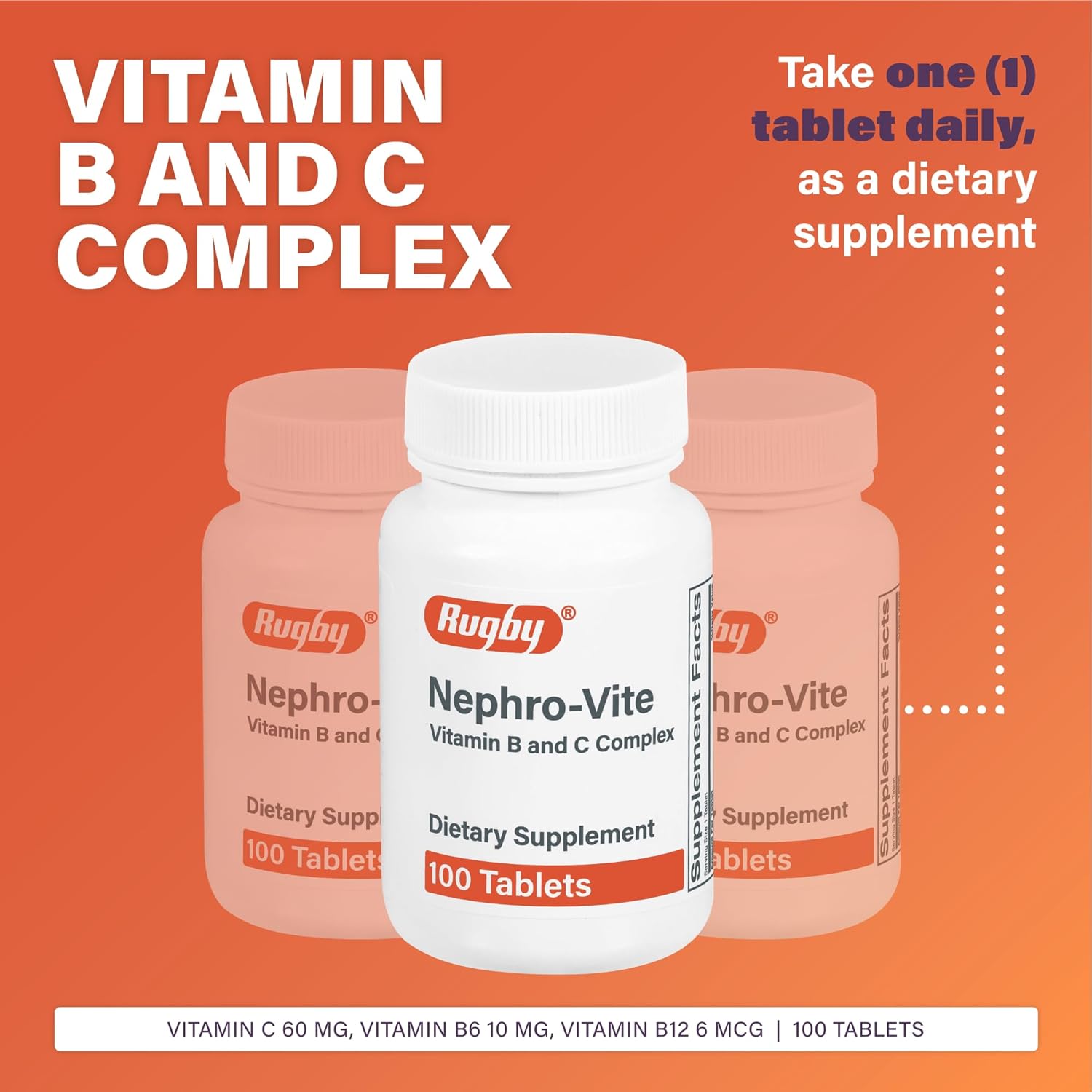 Rugby Nephro-Vite Vitamin B and C Complex Tablets - Dietary Supplement - 100 Count (1 Pack) 100 Count (Pack of 1) image 2 of 6 B0012JY3YC