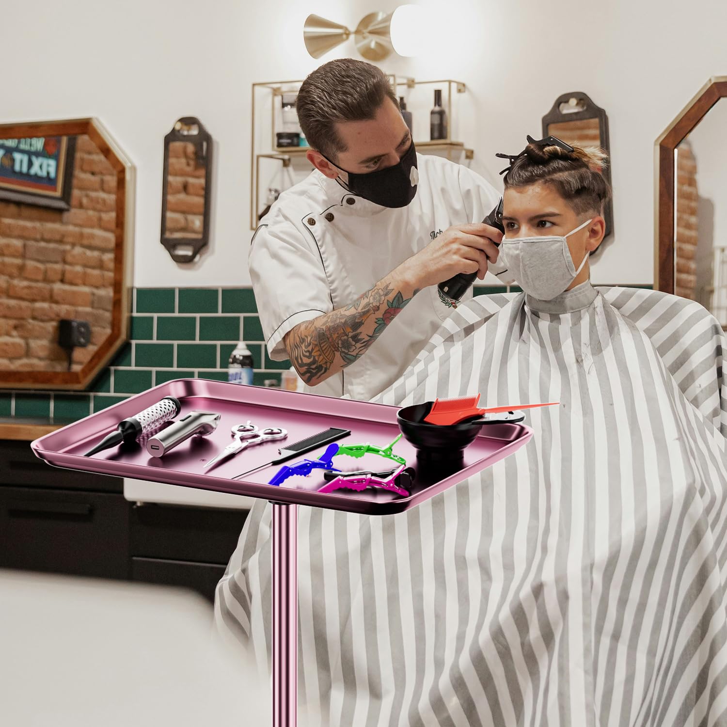 Plateau à rouler réglable en hauteur pour salon de spa, tatouage, dentaire, chariot métal rose