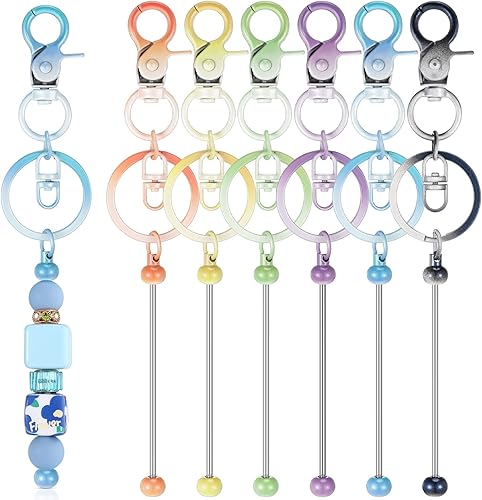 Miniatura 7 de Huwena 6 piezas de llaveros con cuentas, barras en blanco, llavero de cuentas de metal con cuentas para colgante, manualidades, joyería, regalo