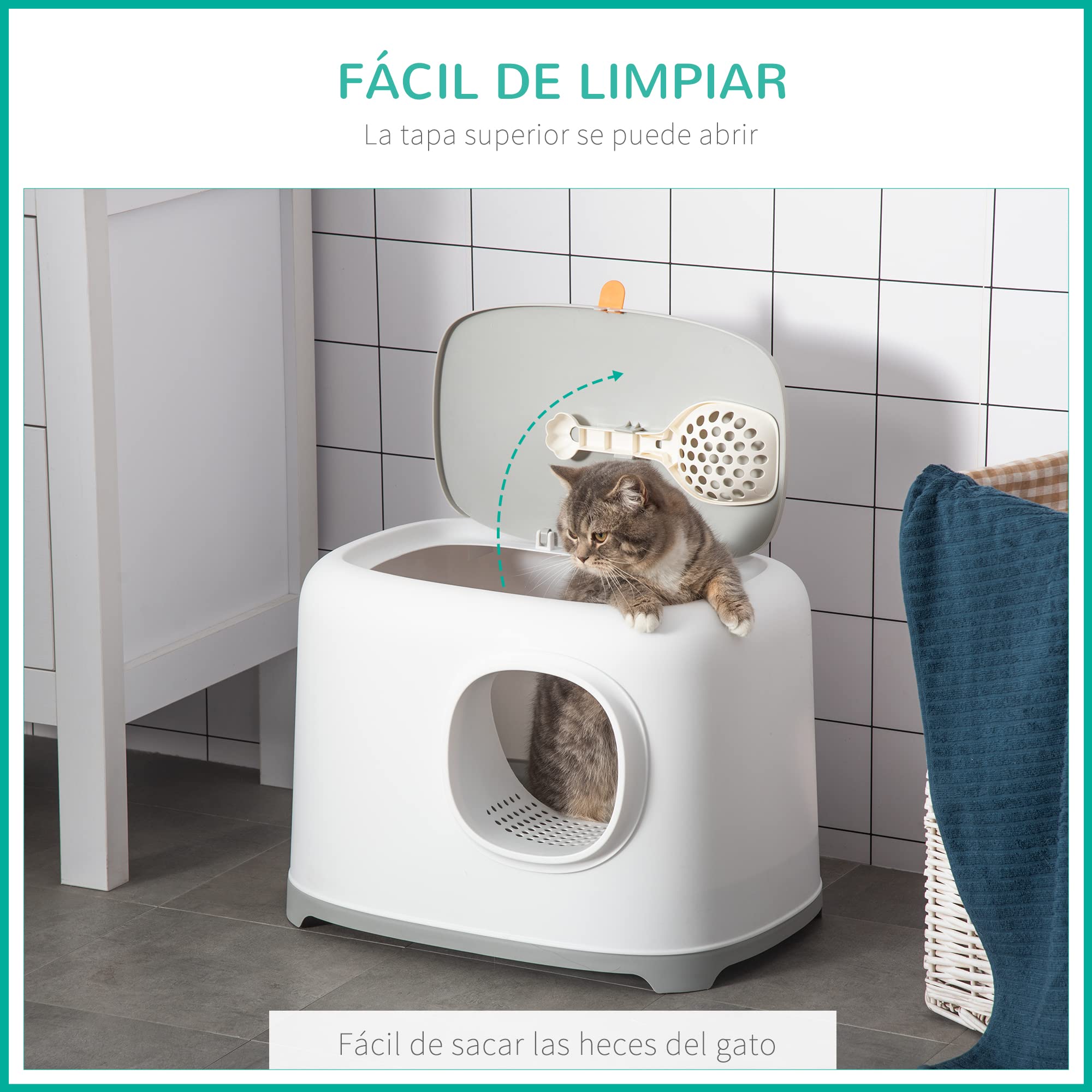 PawHut Caja de Arena para Gatos Arenero Cerrado para Gatos con Techo Abatible Orificio de Entrada Bandeja Extraíble y Pala Incluida 55x40x39 cm Blanco
