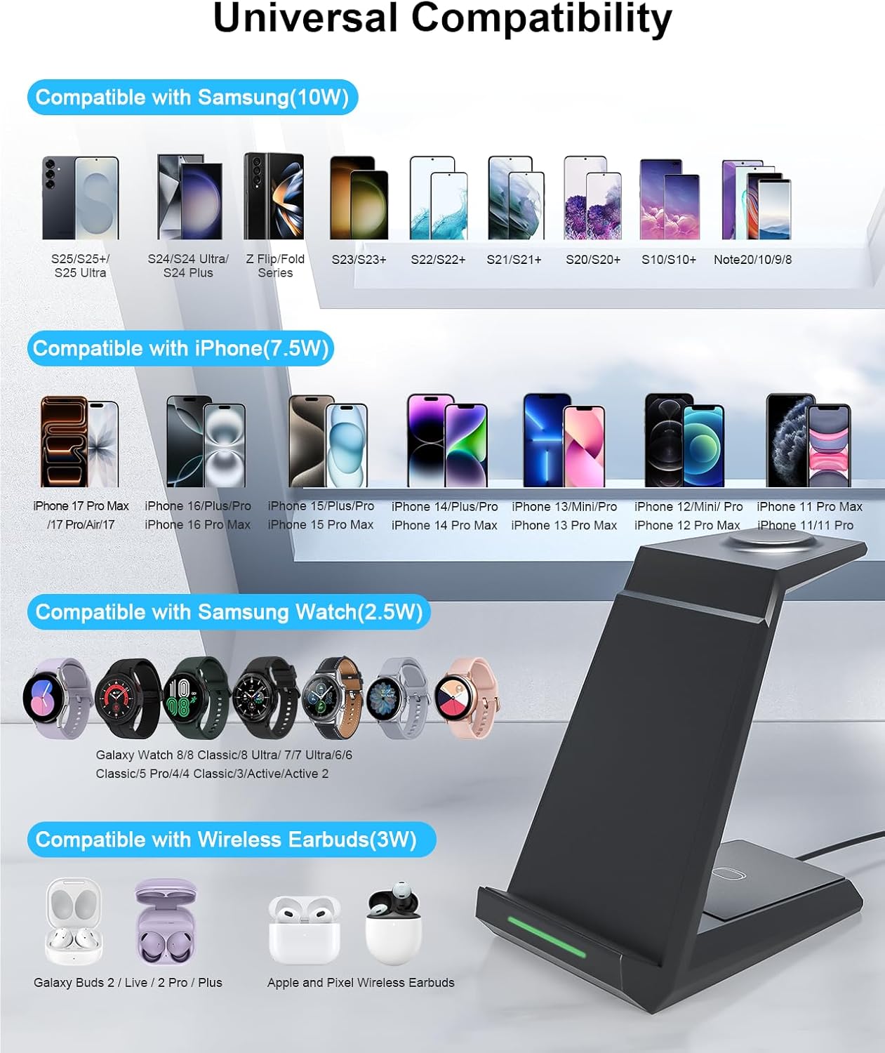 Wireless Charger for Samsung - NANAMI 3 in 1 Charging Station for Multiple Devices,Fast Charger Stand Dock for Galaxy S25 S24 S23 Ultra S22 S21 S20 Z Flip Fold,Galaxy Watch 5/5 Pro/4/3,Galaxy Buds Pro - Image 3