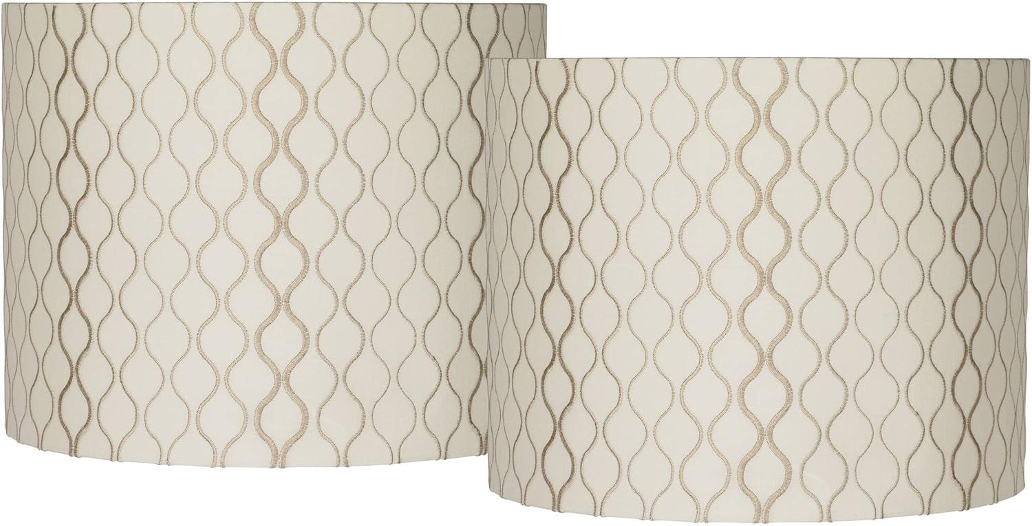 Set of 2 Hardback Drum Lamp Shade (Pre-Assembled) s Off-White Embroidered Hourglass Large 14" Top x 14" Bottom x 11" High Spider with Replacement Harp and Finial Fitting - Springcrest