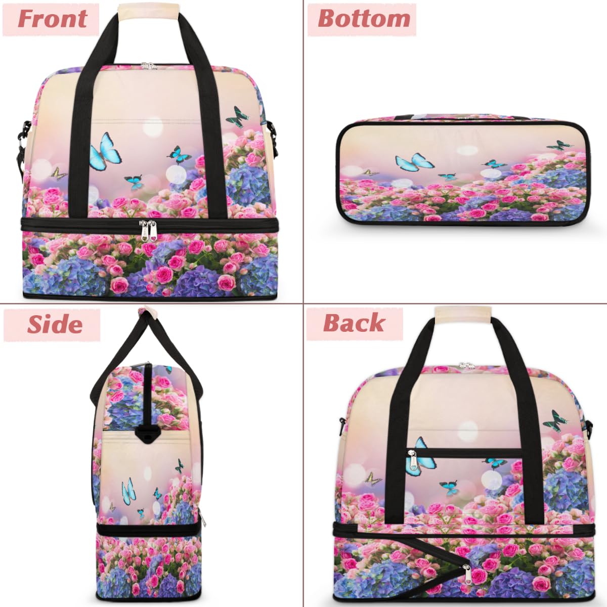 Bolsa de viaje plegable con diseño de rosas, flores, mariposas, 47 l, bolsa de fin de semana con funda para carrito de transporte, bolsa de hombro separada para deportes, gimnasio, viajes, multicolor,