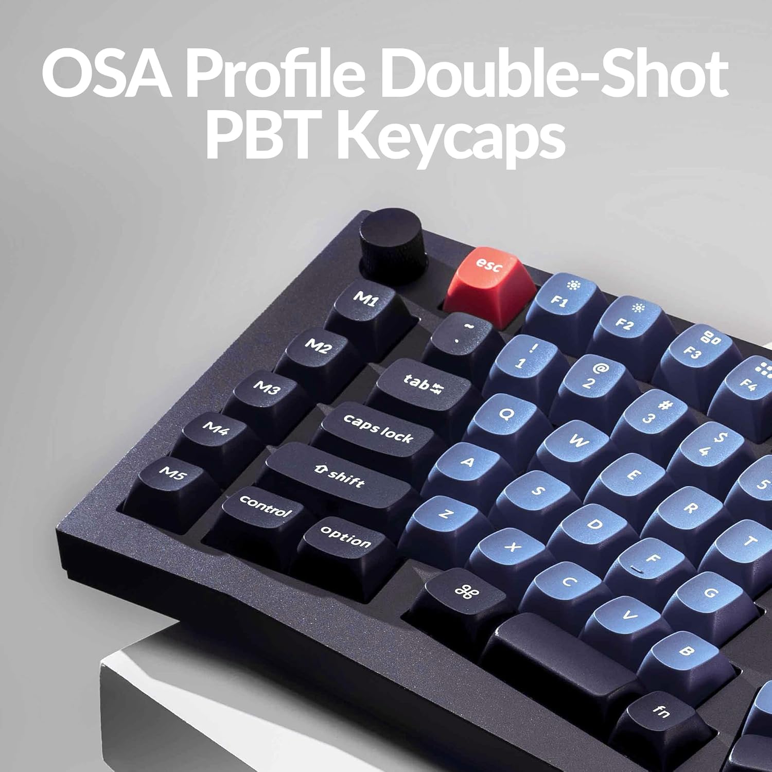 Close-up of Keychron Q10 keyboard highlighting OSA Profile Podwójne nakładki na klawisze PBT
