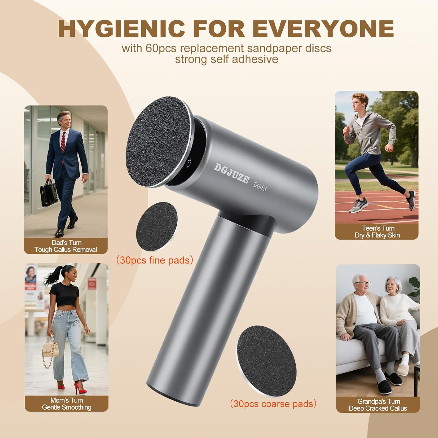 Premium Electric Foot Callus Remover, Ergonomic T-Grip 2600mAh Rechargeable 3-Speeds All Metal Foot File for Dead Skin Cracked Heels Pedicure kit at Home with 60pcs Sandpaper Pads - Image 6