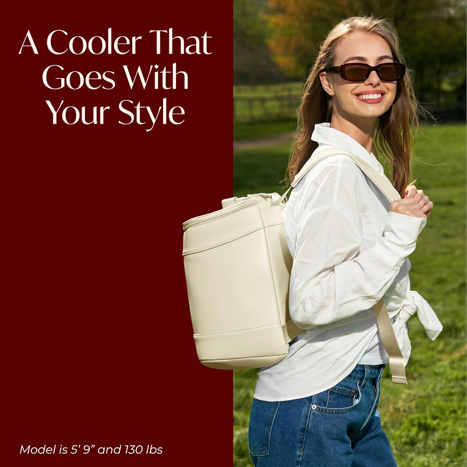 Insulated Cooler Backpack with 2 Stainless Steel Wine Tumblers – Leakproof & Spillproof Stylish Vegan Leather Picnic Cooler Bag – Lightweight & Portable – Holds 24 Cans or 6 Wine Bottles