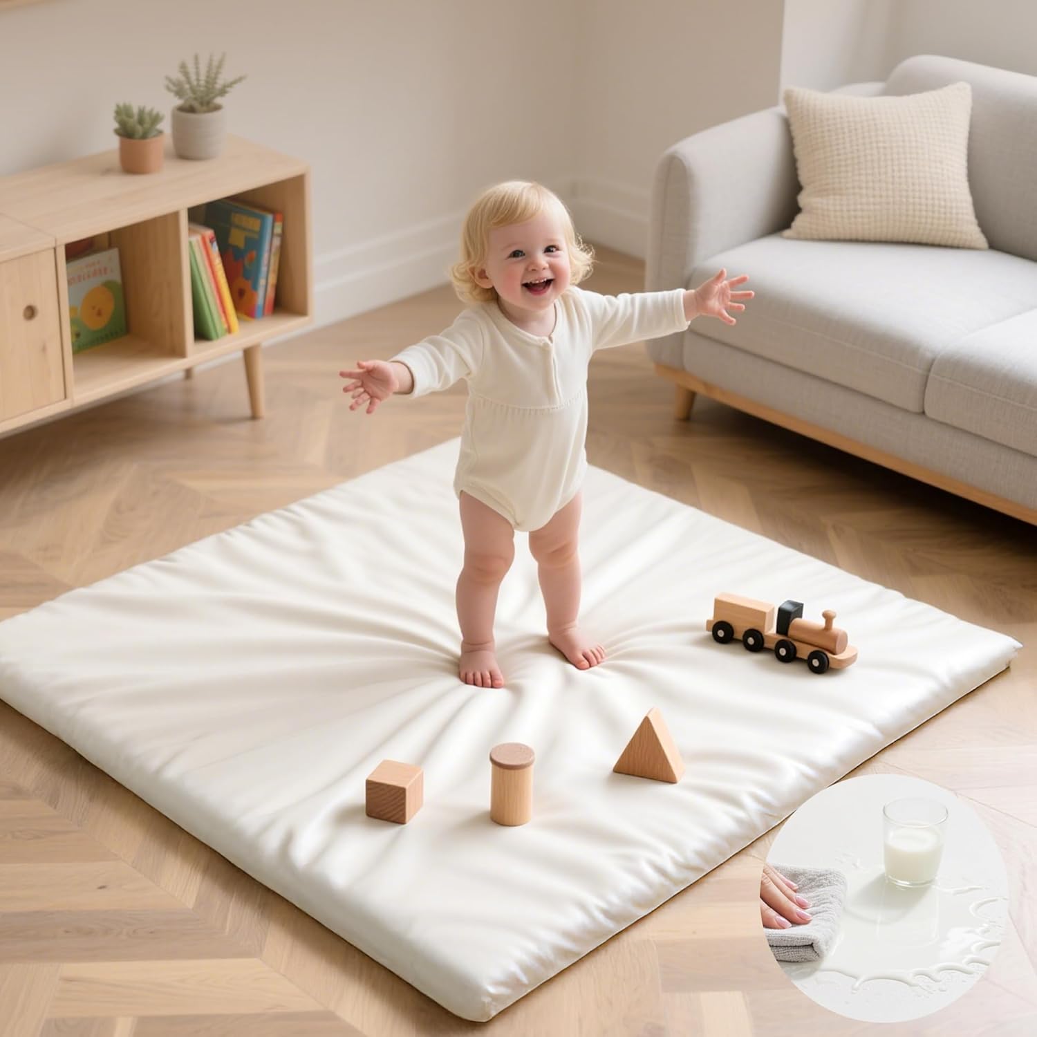 baby play mat 50x50 inches,1.3" thick padded waterproof floor cushion & playpen mat with vegan leather,non-slip & non-toxic nursery rug for infants, toddlers & kids(cream) cream 50"×50"×1.3"
