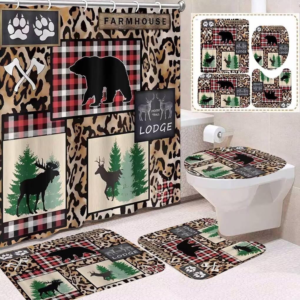Tropeki 4Pcs Jungle Woodland Animals Shower Curtain Set