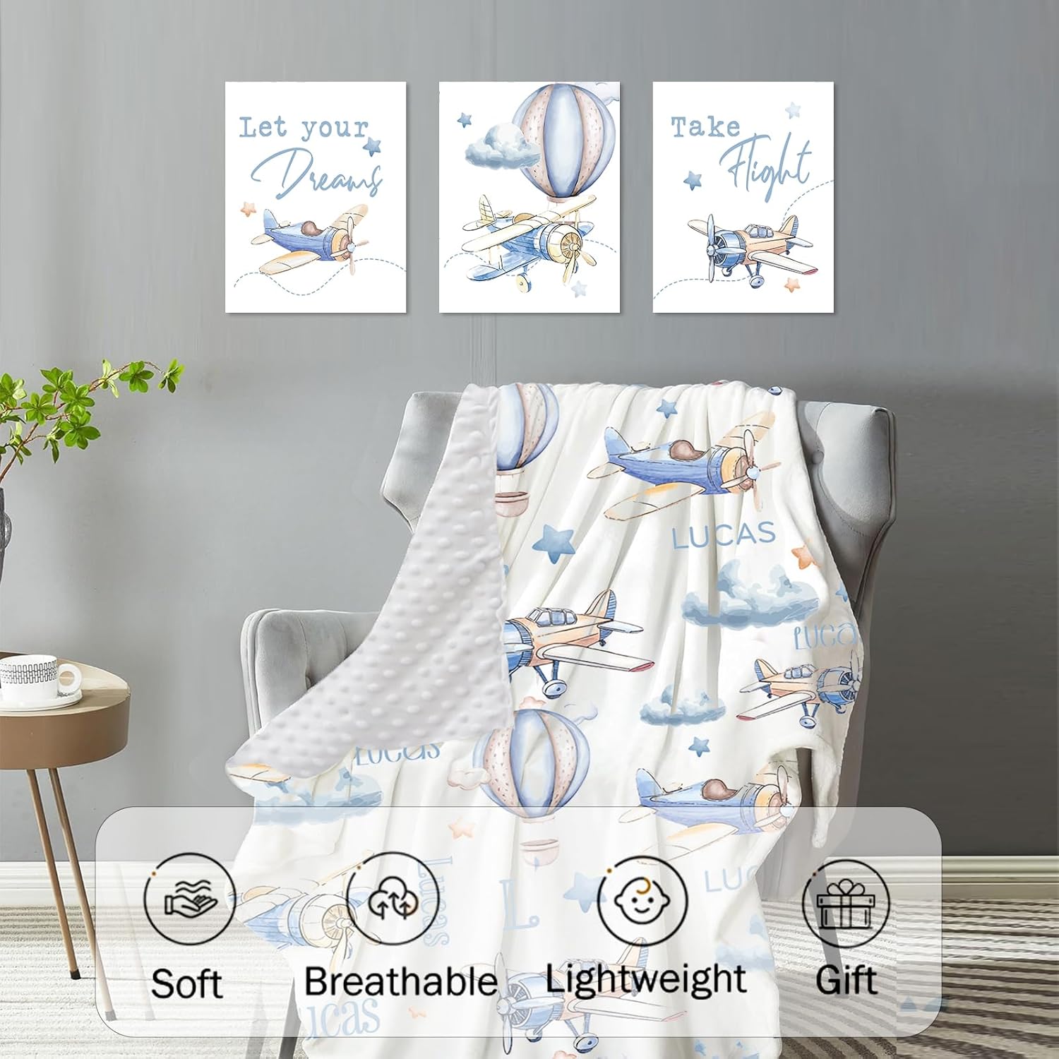 Custom Baby Crib Bedding Set,Personalized Name Toy Airplane Pattern Nursery Bed Set 4 Piece,Baby Blanket Fitted Sheet Nursery Rug Wall Art Set,Custom Room Decor Idea Gift for Newborns Boys Girls