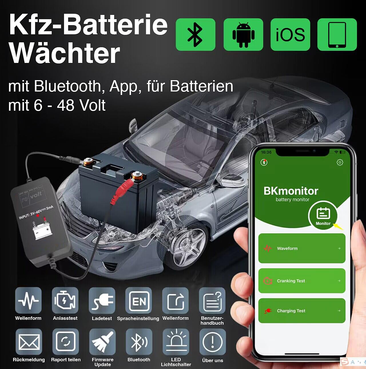 Lescars Monitor Batteria: Set da 4 Monitor della Batteria per Auto, per batterie da 6 a 48 V, Monitoraggio della Tensione Tramite App, Bluetooth (24V, Tester, 12 Volt)
