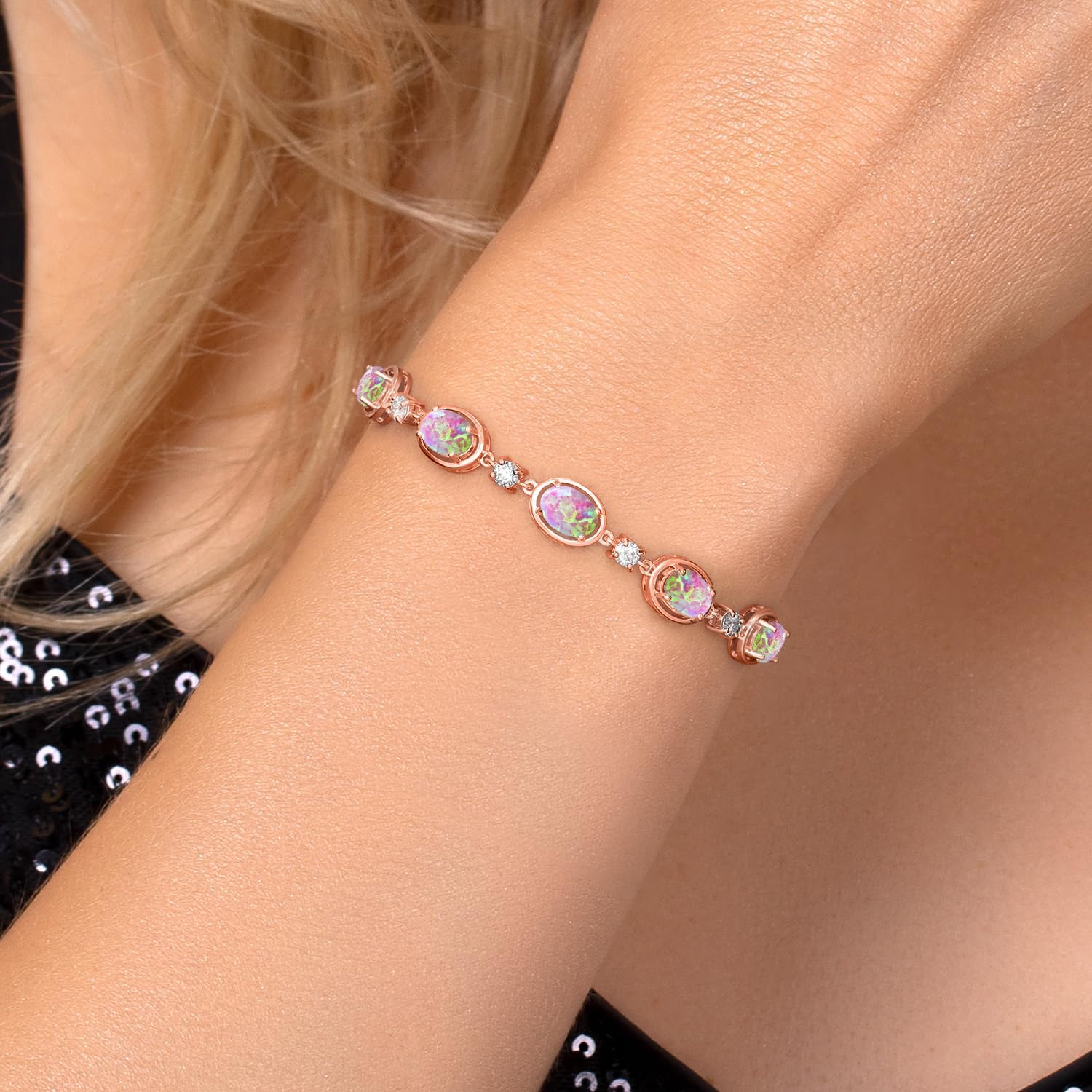 Gem Stone King 18K Rose Gold Plated Silver Simulated Pink Opal and Moissanite Tennis Bracelet For Women | 3.15 Cttw | Gemstone October Birthstone | Oval Cabochon 7X5MM | Fully Adjustable 10 Inch
