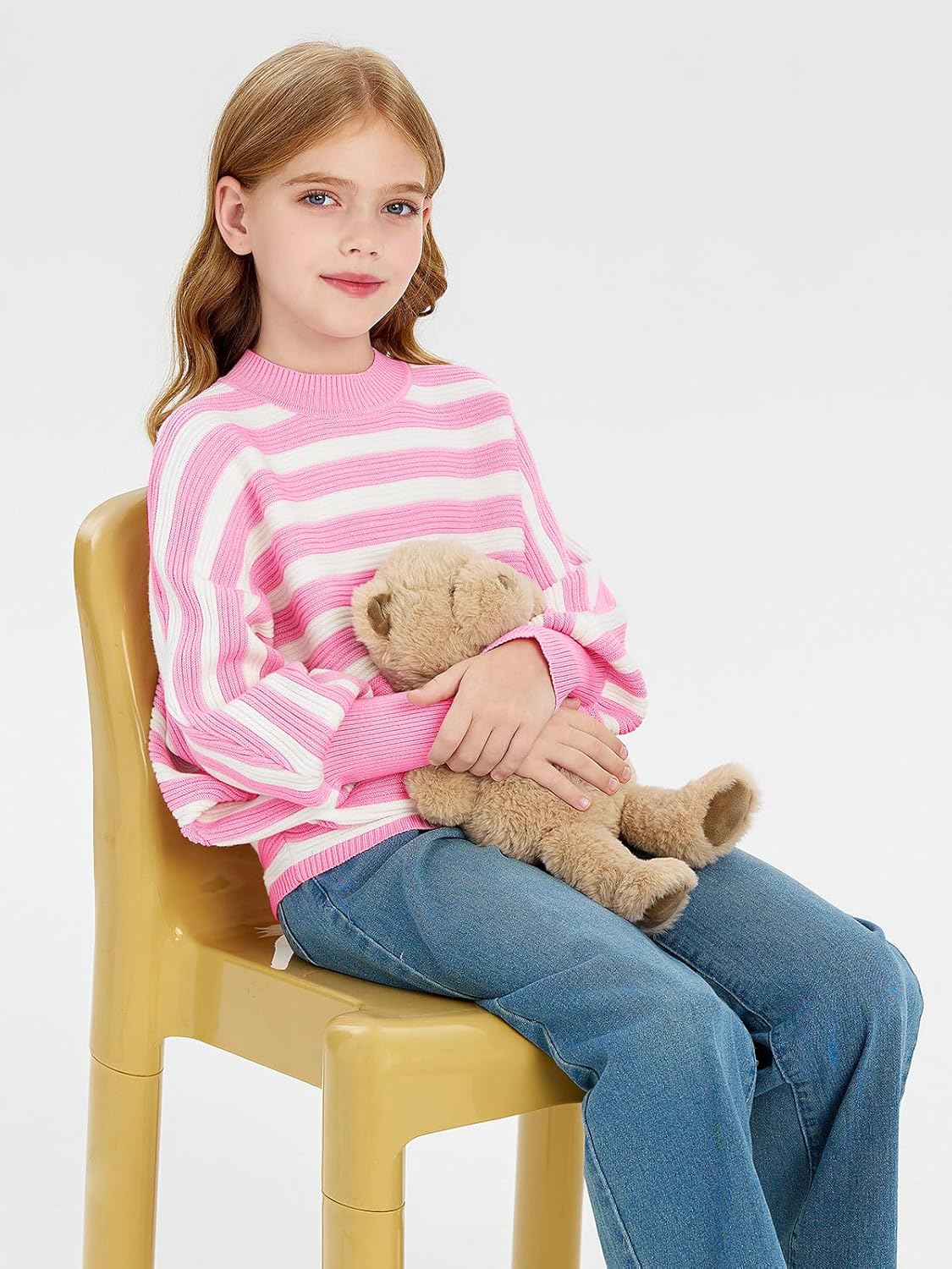 Haloumoning Girls Oversized Striped Sweater Kids Fashion Batwing Sleeve Ribbed Knit Pullover Tops 5-14 Years - Image 6