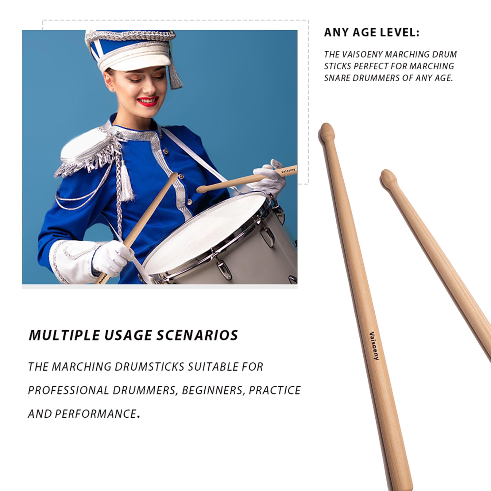 Vaisoeny Marching Drum Sticks, Hickory Marching Snare Drum Sticks - Image 3