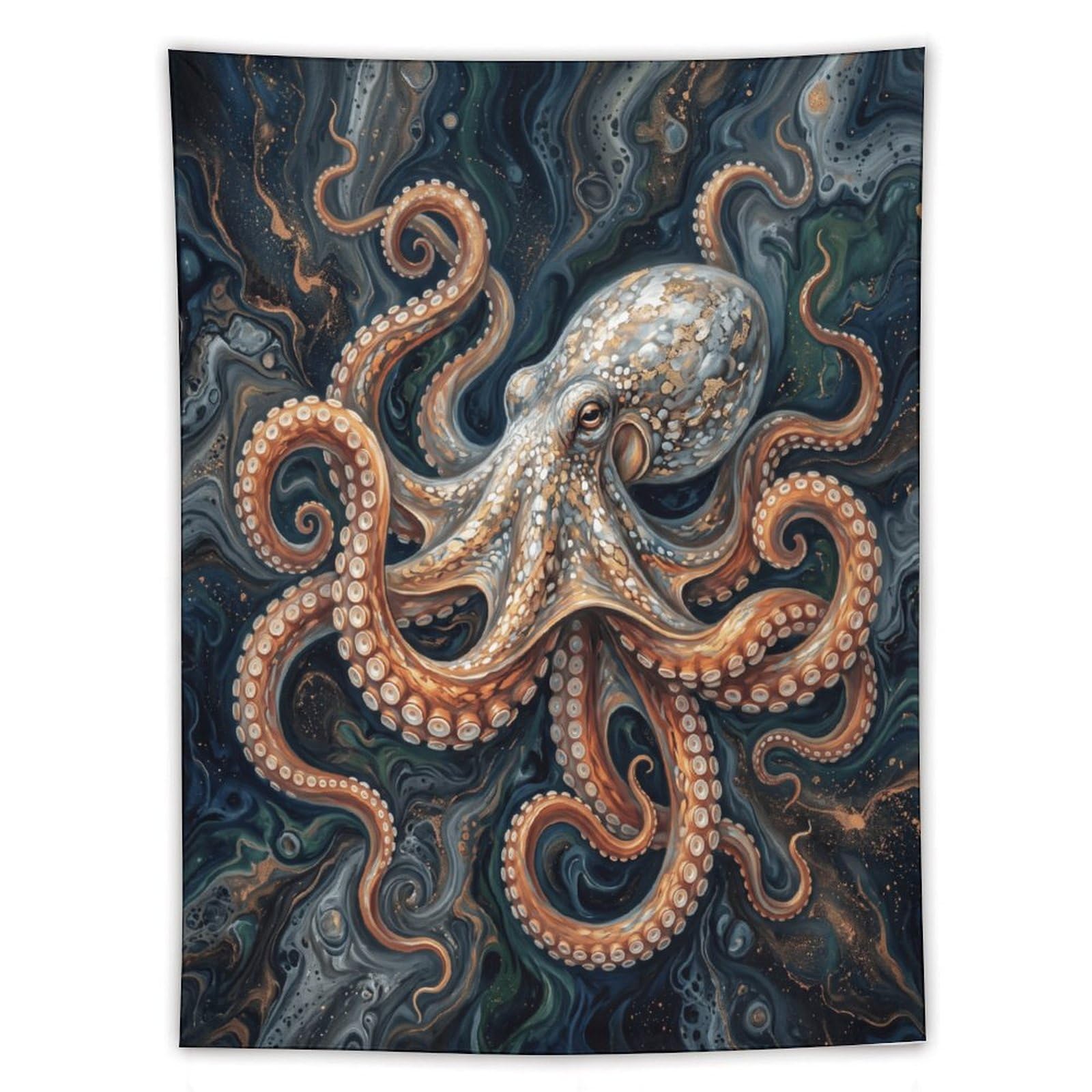 Ornate Octopus Wall Tapestry, Detailed Illustration, Swirling Water