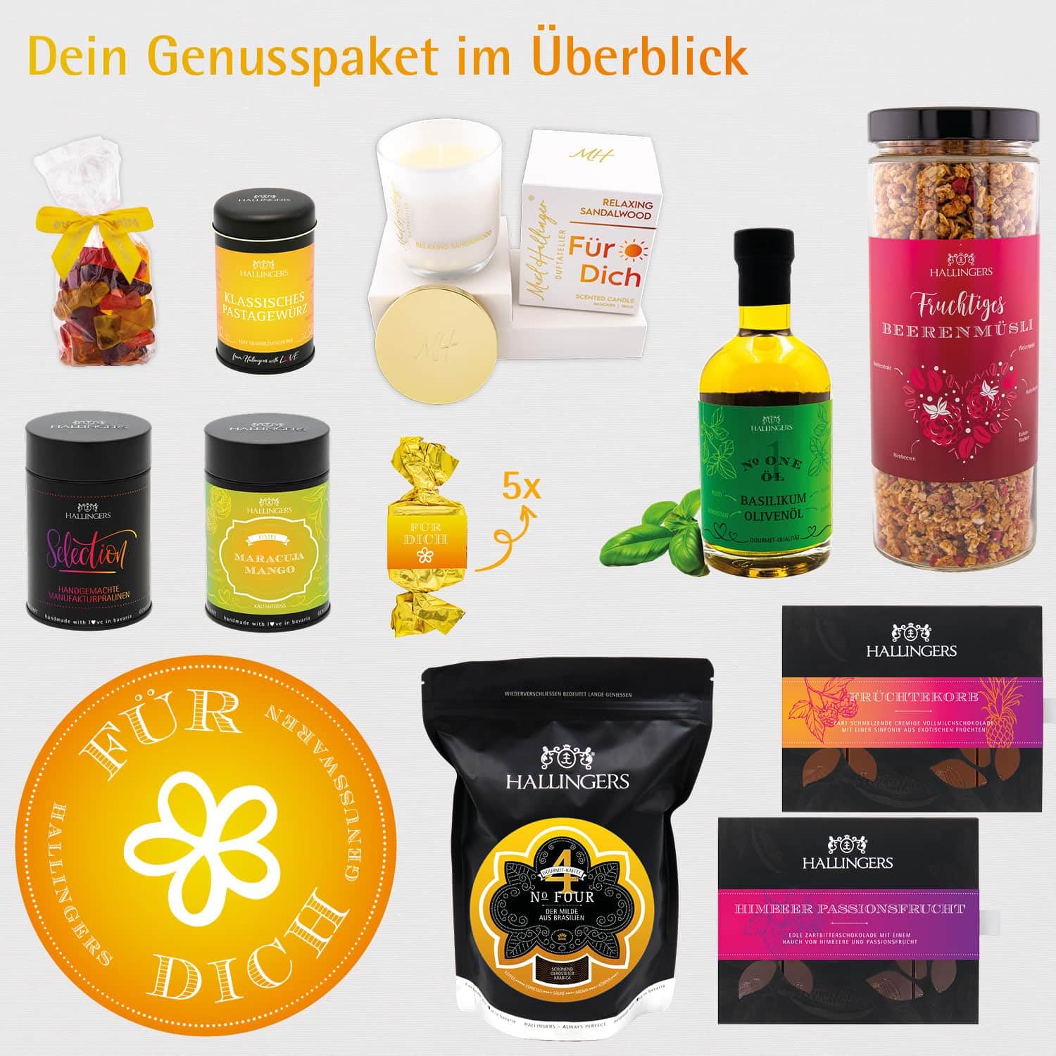 Hallingers Genuss Manufaktur Feinkost Liebes-Geschenk-Set - XXL-Geschenkkorb "Für Dich" große Selektion Müsli, Öl, Kaffee, Duftkerze, Nougat, Schoki, Eistee & mehr, Geschenkidee für Frauen Männer