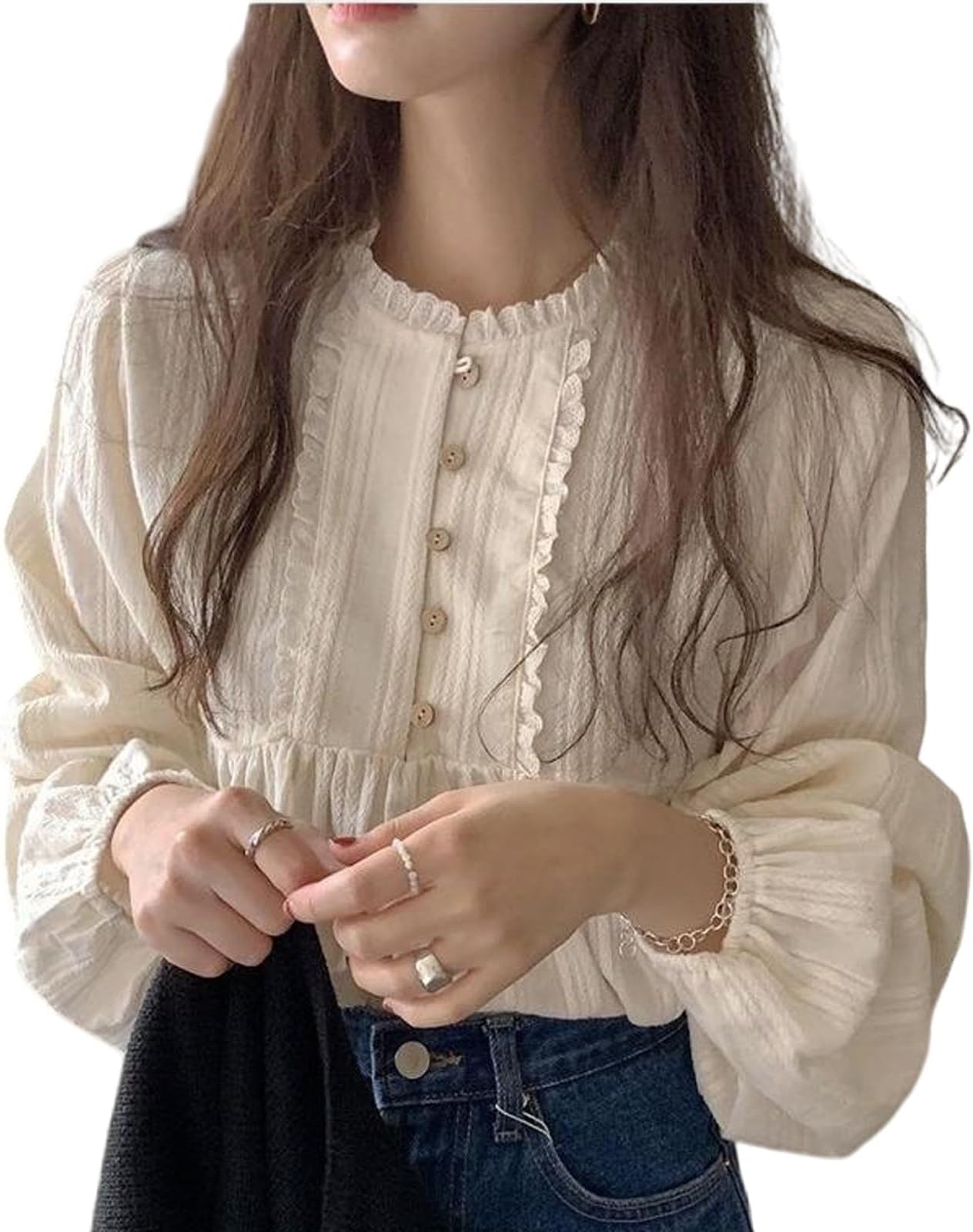 Korean Version of Women's Shirt, Women's Sweet Round Neck Pleated Small lace top, Women's Long Sleeved Shirt top (Apricot,S)