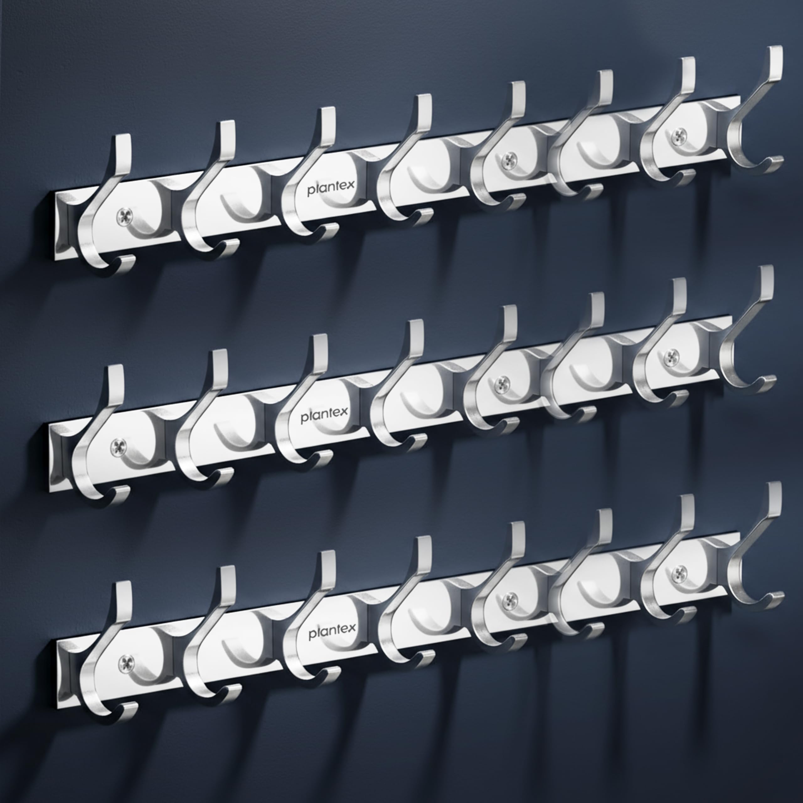 Plantex Aluminum Wall Hanger with 8 Hooks for Walls of Bathroom/Kitchen - Door Hooks for Clothes/Towel/Keys - Pack of 3 (8 Hooks, Chrome)