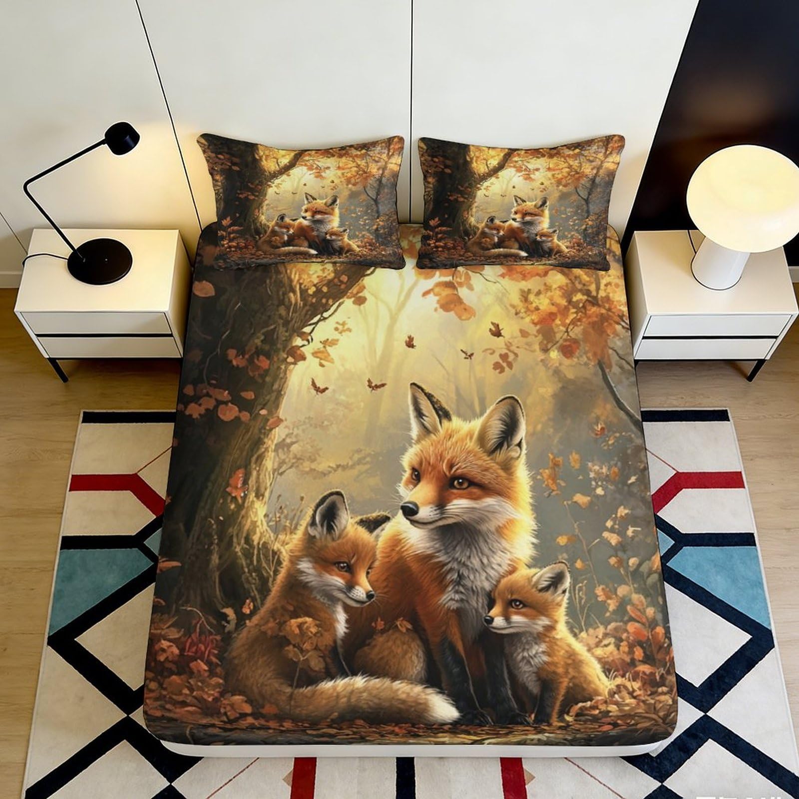 3D Printed Forest Fox Fitted Sheet Microfiber Deep Pocket Non-Slip Bedroom Bedding Fox Mattress Fitted Cover Washable for Adults Youth 120x200x25cm