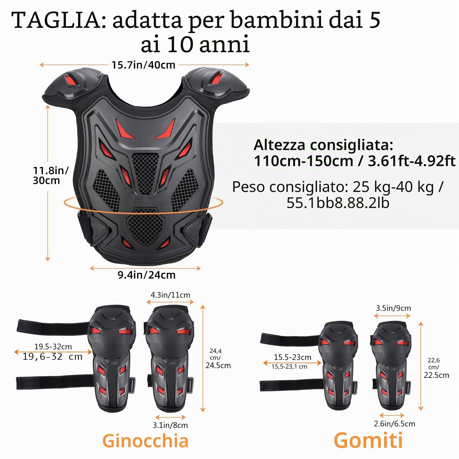 PELLOR Aggiornato Armatura Moto Per Bambini, 5 Pezzi Set Pettorina Motocross Bambino con Ginocchio/Gomiti/Torace, Paraschiena Moto Protezione Torace Ideale per Ciclismo,Sci,Equitazione,Skateboard