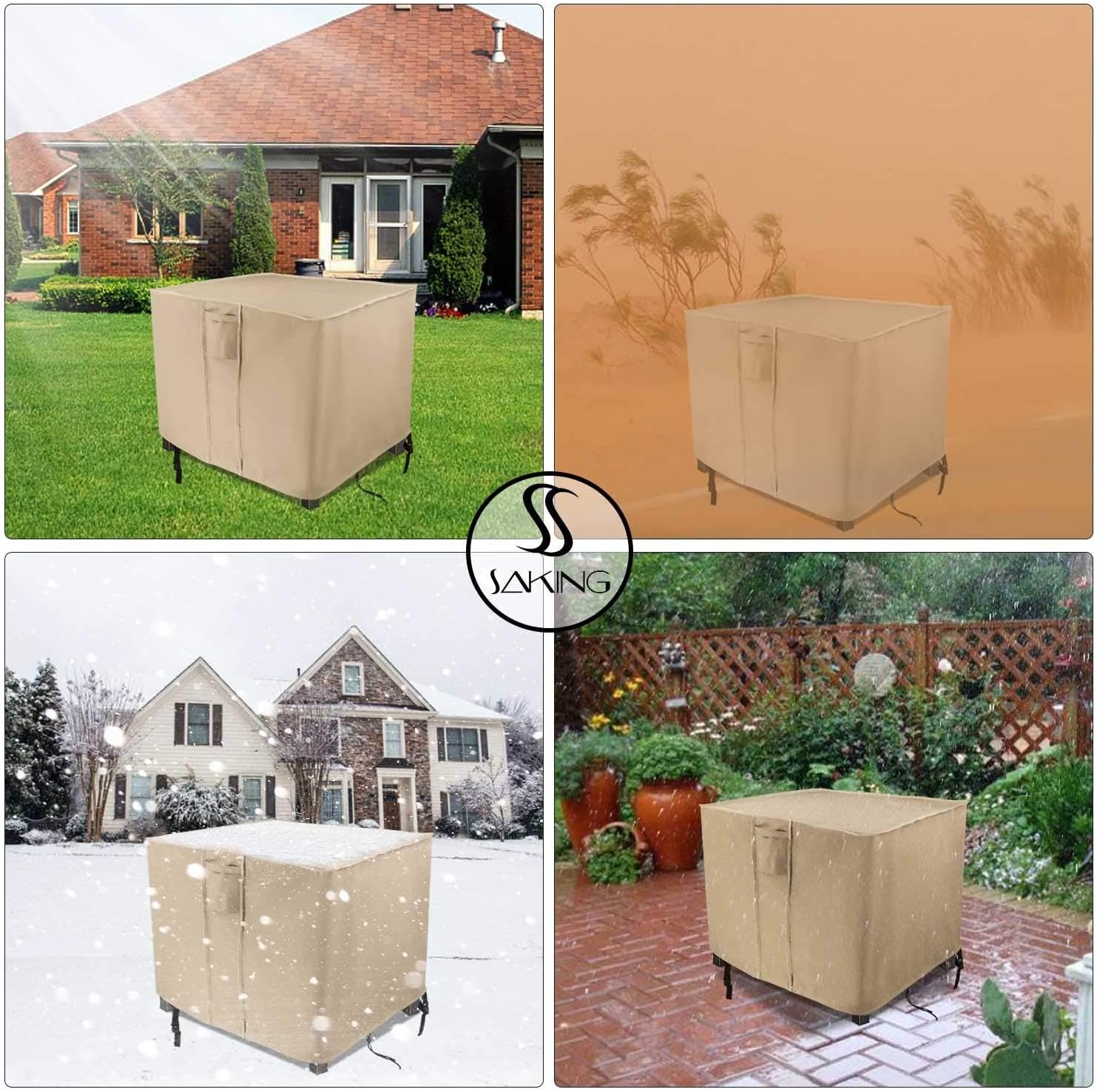 Saking Fire Pit Cover 38 Inch, Waterproof Heavy Duty 600D Square Firepit Covers Gas Fireplace Fire Pit Table Cover for Propane Fire Pit - 38 x 38 x 28 Inch (Beige)