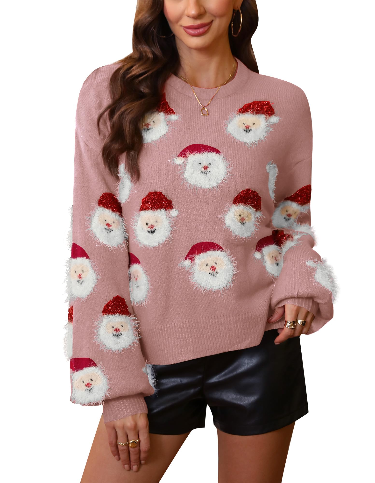 For G and PL Womens Ugly Christmas Sweater Lantern Sleeve Crewneck Santa Cute Tops