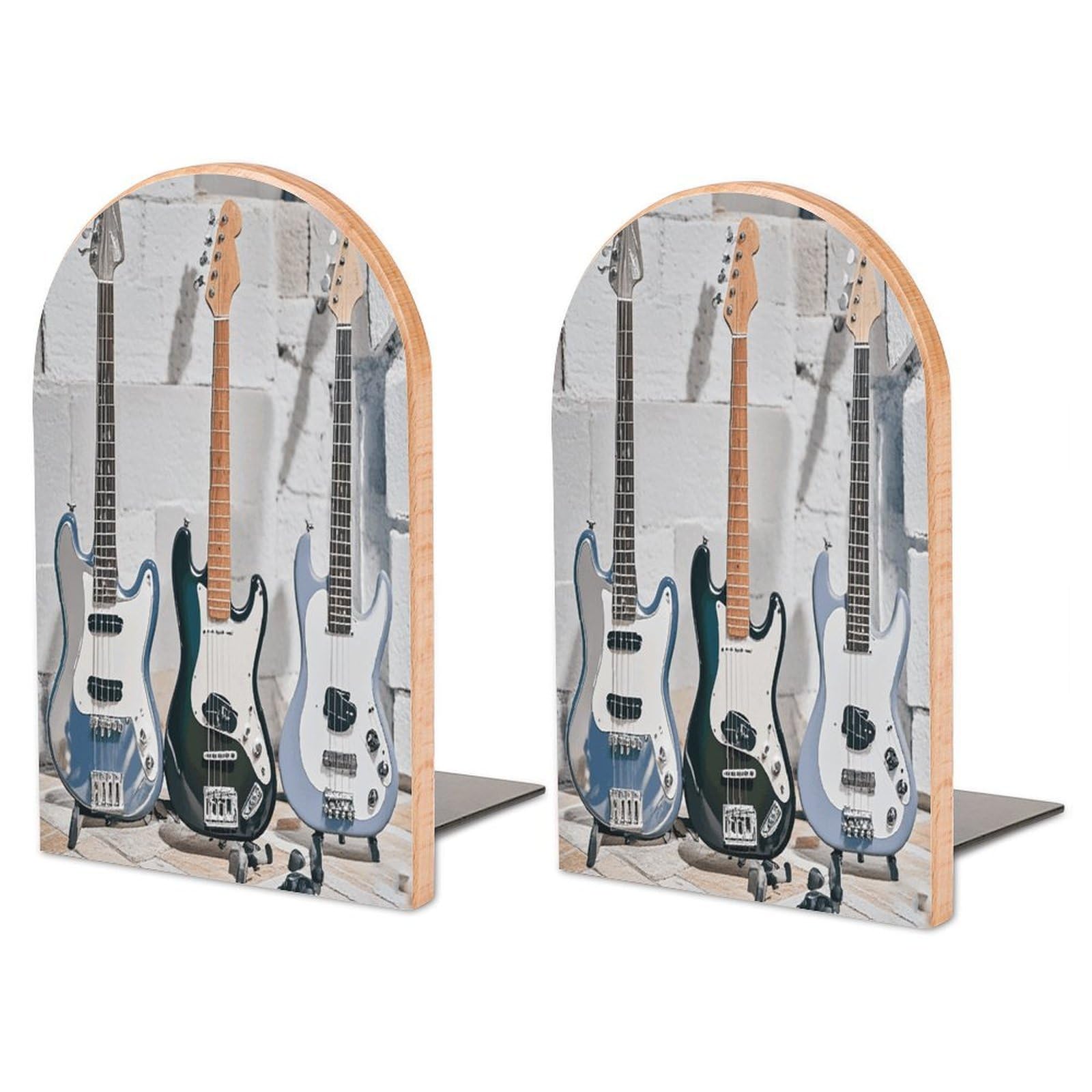 Guitar Bass Music Musical Instruments Bookend for Shelves Non-Skid Book Holder Modern Heavy Duty Bookend Stopper Metal Base Wood Book End Books Shelf Holder Home Decorative 1pair 6.7x3.9x4.7