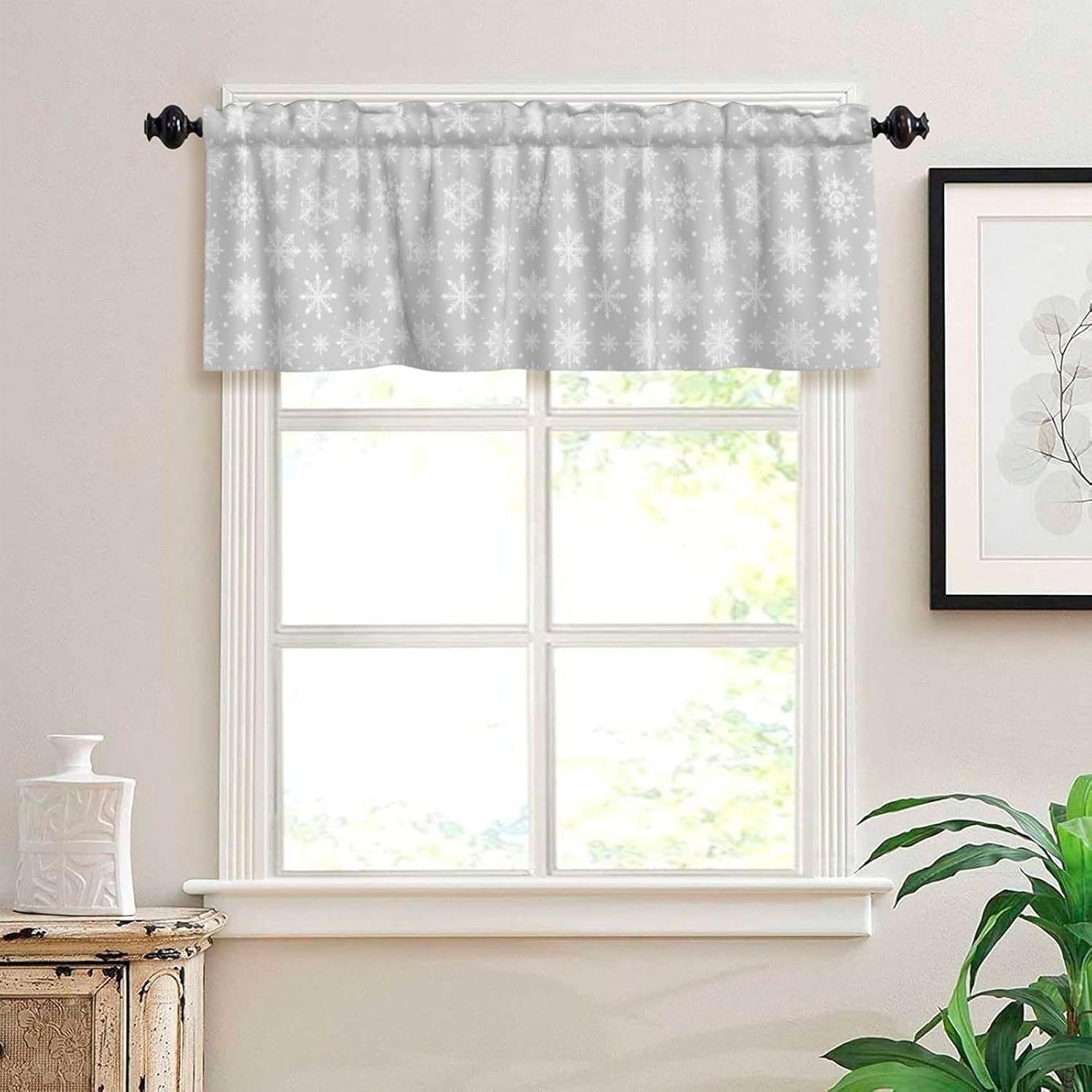 Christmas Valance for Windows Winter White Snowflake Dot Gray Short Kitchen Curtain Valances Rod Pocket Window Treatment for Living Room Bedroom Bathroom Decor 1 Panel, 54x18in