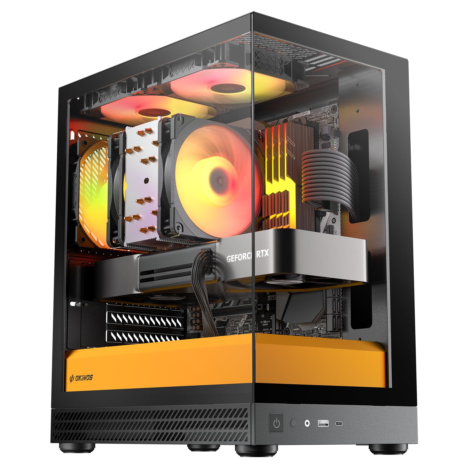 Okinos Aqua UNO Micro ATX Case, No Radiator Support, Max GPU Length 309mm, Quick-Release Panoramic Tempered Glass, 3x120mm ARGB Fan Pre-Installed, Type-C 5Gbps, Two-Tone Limited Edition (Black&amp;Yellow)