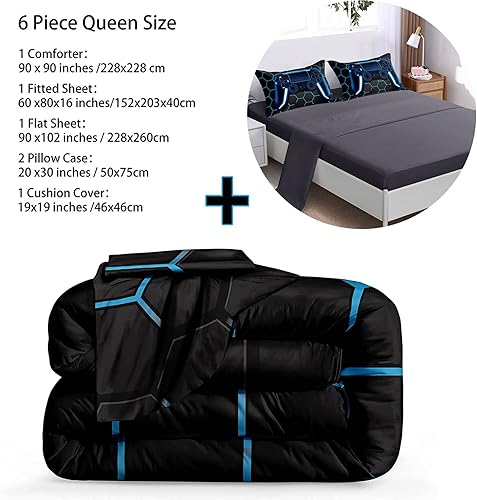 Miniatura 3 de BDUCOK Juego de edredón de 6 piezas en una bolsa para niños, adolescentes y niños, juegos de ropa de cama con estampado de panal con consola de
