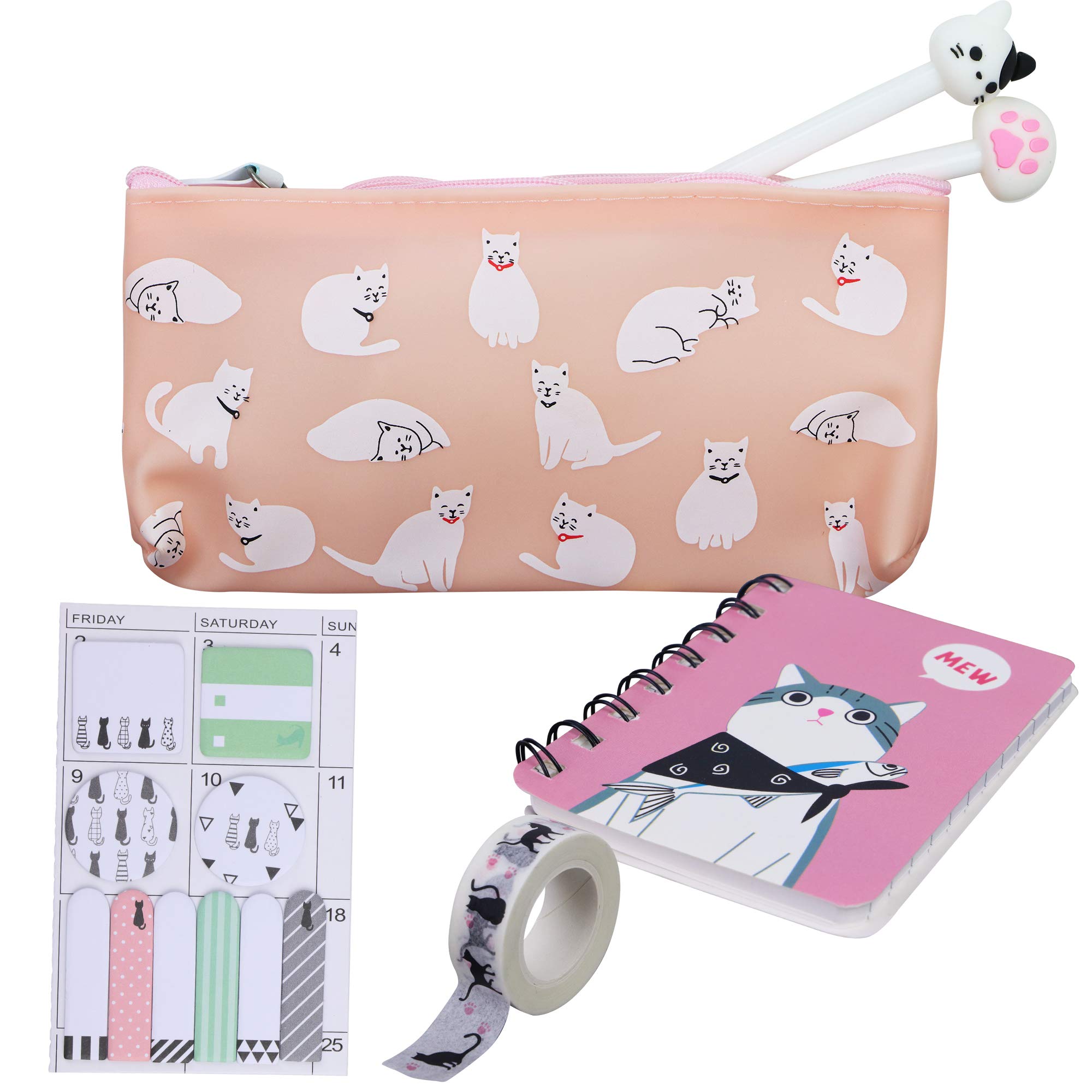 Cat Lover’s Stationery Set - Cat Themed Notebook Plus Pink and Black Kitten Pens, Pink Pencil Bag, 150 Sticky Notes, and Cat Washi Tape – Gift Set for Girls
