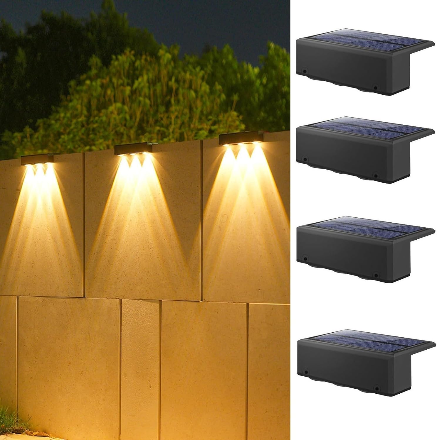 ASLIDECOR Solar Fence Lights Outdoor with 2 Light Modes Bright and Dim, IP65 Waterproof LED Solar Lights for Outside, Backyard, Railing, Step, Pool, Patio,Wall (4)