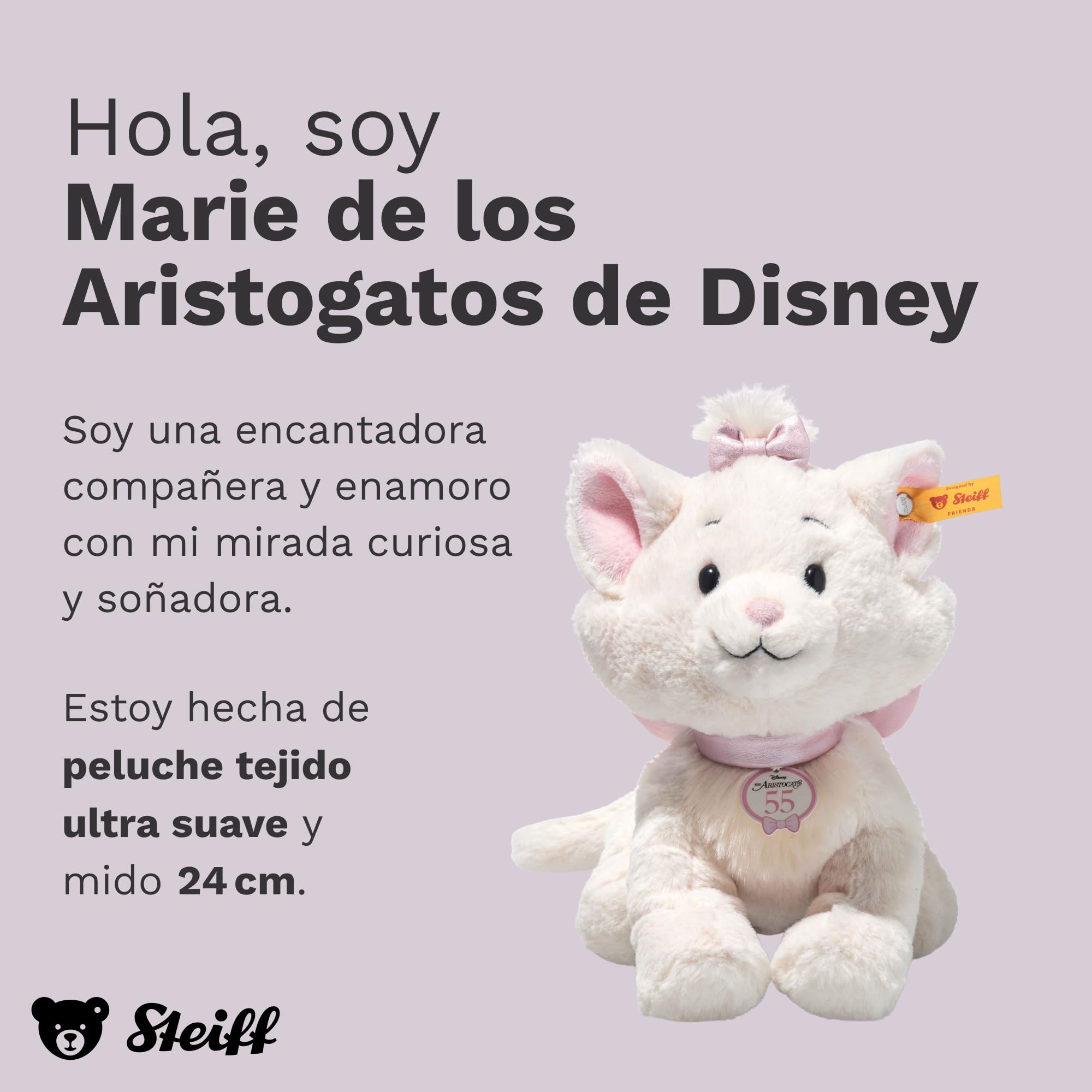 Steiff Peluche Disney Originals Marie Aristogatos, Peluche Adorable con Ojos de plástico, para niños y niñas, Friends, 24 cm, Rosa, 684296
