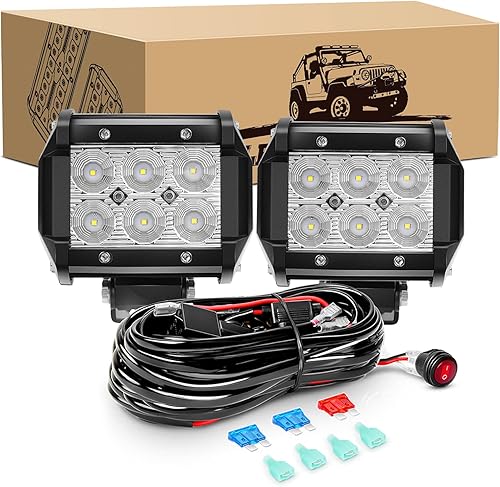 GOOACC 2 unidades de 18 W LED Pods barra de luz de inundación, luz antiniebla, iluminación de conducción con arnés de cableado todoterreno de 16