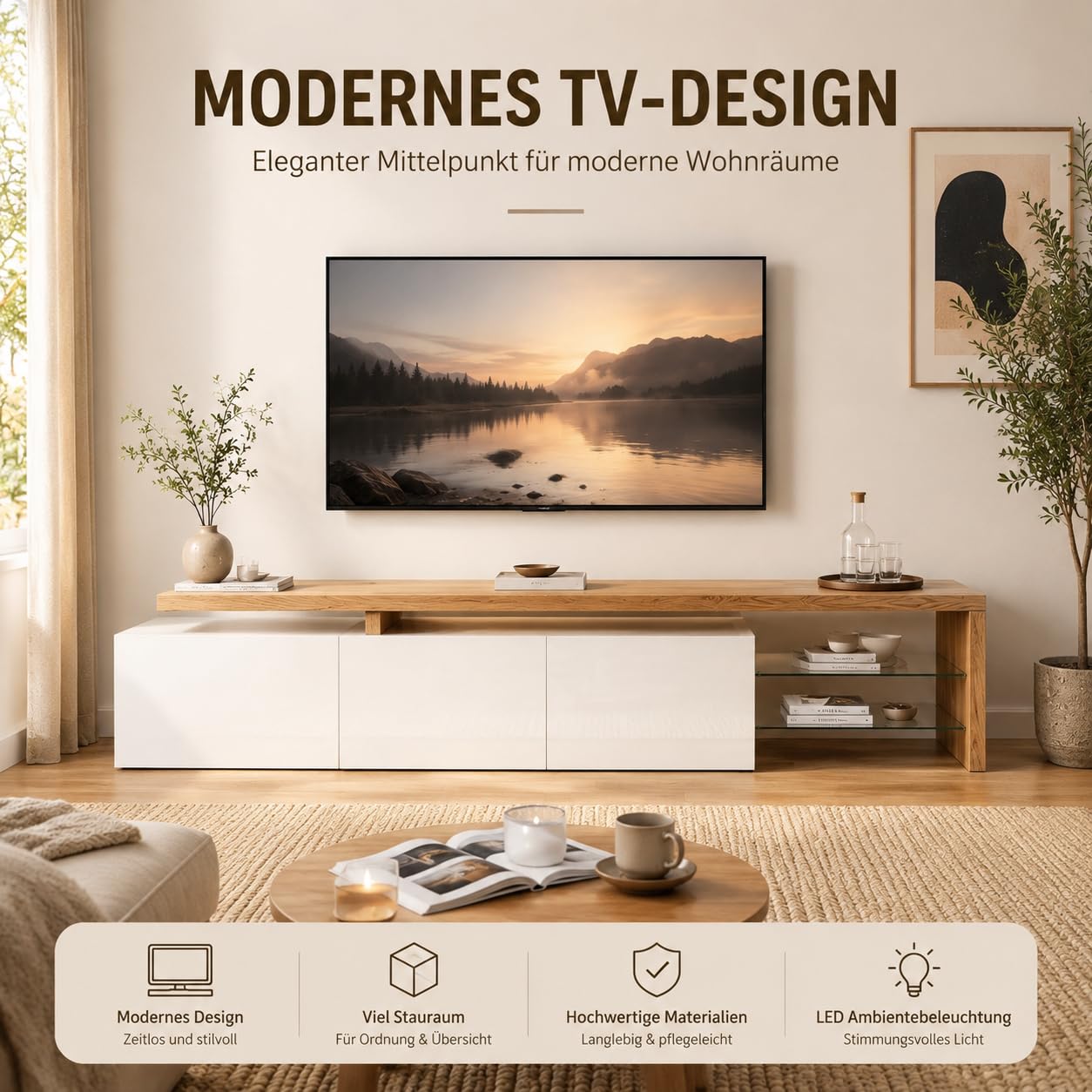 Niska szafka pod telewizor 200 cm z diodami LED, wysoki połysk, imitacja drewna, szklane półki | 3 drzwi, otwarta półka, 7 kolorów LED za pomocą pilota zdalnego sterowania, 200 x 42 x 39 cm, płyta wiórowa