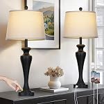 27.5" Lampes de table de ferme noire Ensemble de 2, Lampes Vintage Tall pour le salon avec USB Ports de recharge A+C & AC Outlet, Lampe Rustique de chevet avec lumière de nuit, Lampe de chambre pour table de chene