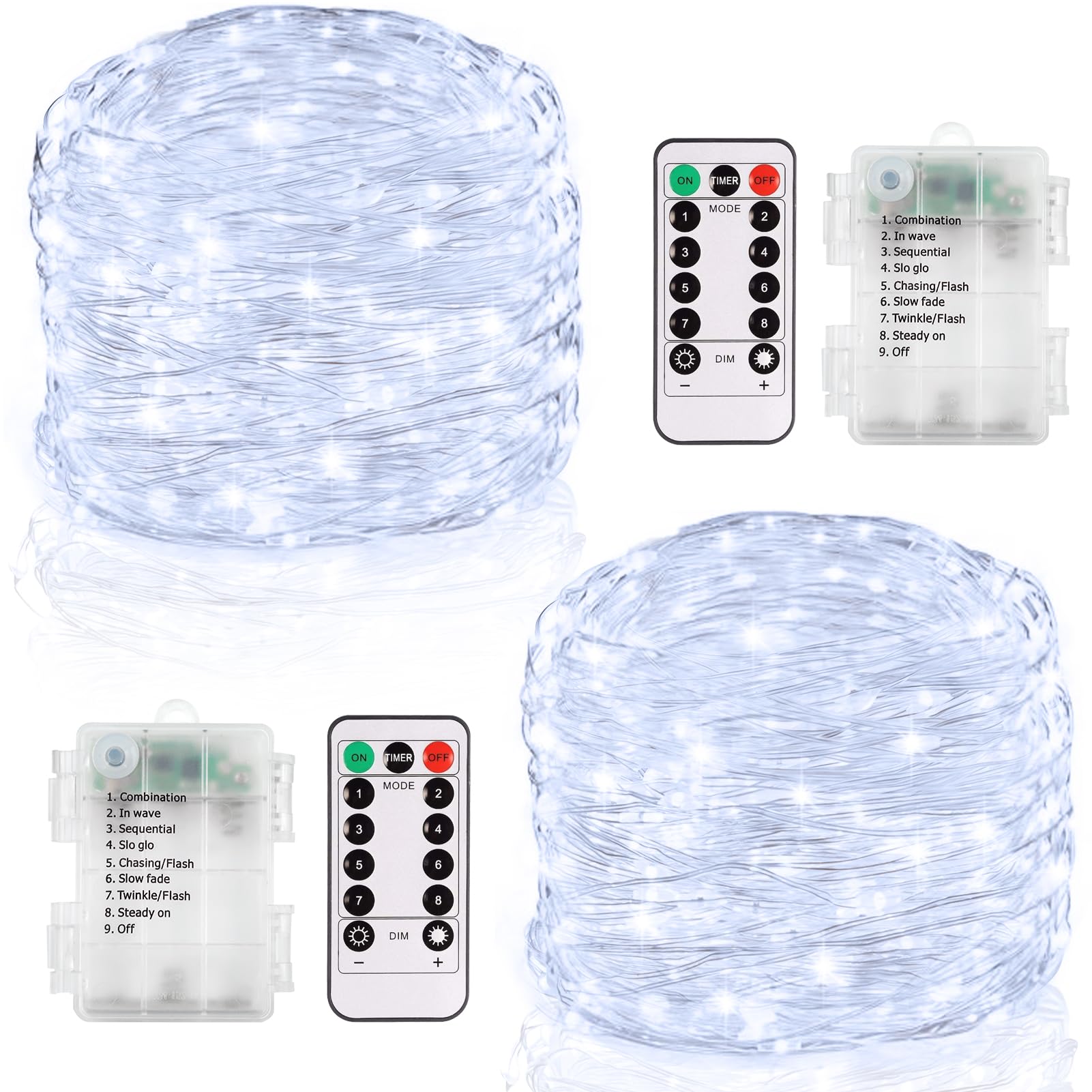 2 Stück Lichterkette Außen Batterie, Gesamt 12M 120 LED Lichterketten mit timer und Fernbedienung, Wasserdicht Mini Lichterkette mit Batterie für Zimmer Garten Weihnachten Hochzeit Deko (Weiß)