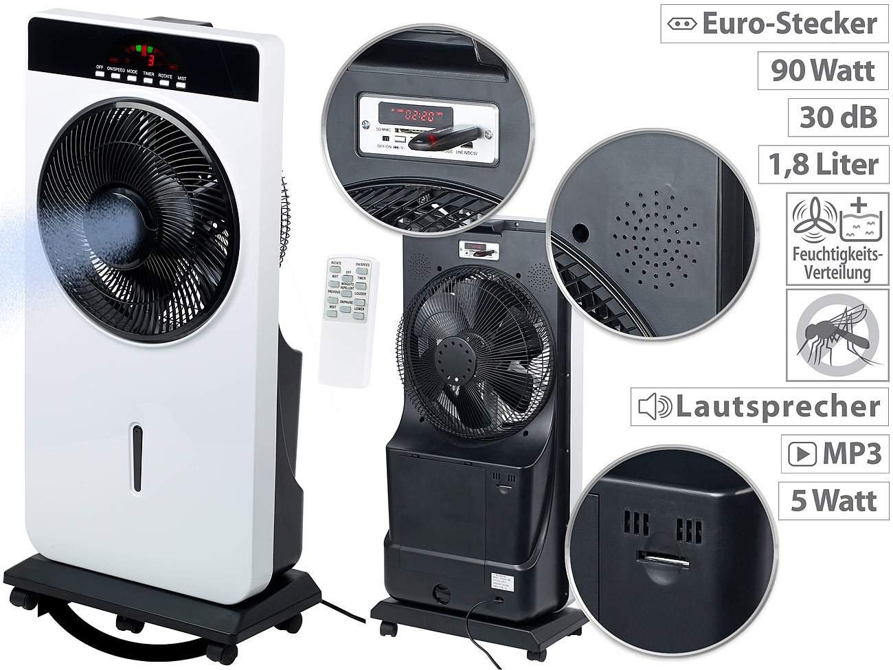 Sichler Haushaltsgeräte Kühlender Ventilator Sprühnebel-Standventilator 90 W Ø 30 cm