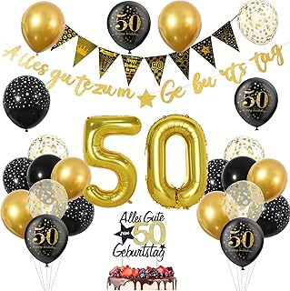 50. Geburtstag Mann Schwarz Gold Deko Set - Alles Gute Zum Geburtstag Girlande Banner, Tortendeko, Zahlen Luftballon, Konfetti Ballons