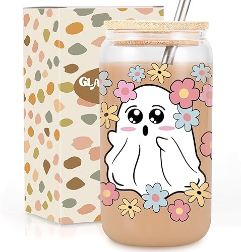 GSPY Tazas de café helado de fantasma de Halloween, vaso de 16 onzas con tapa y pajita, regalos de Halloween para mujeres, rellenos divertidos de
