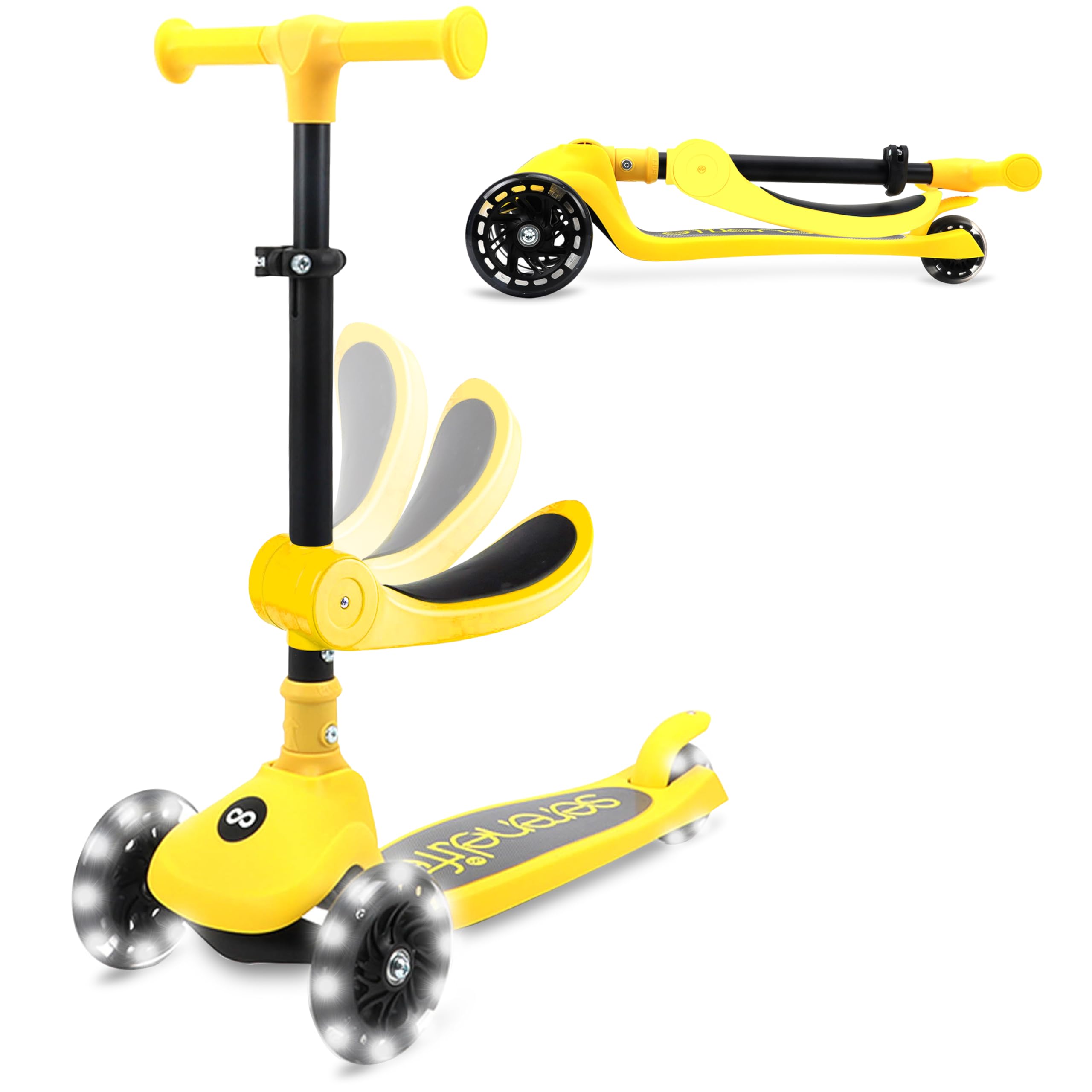 SereneLife Kids Scooter for Ages 3–7 – 3 Wheel Kick Scooter with Seat Option, Light-Up LED Wheels, Lean-to-Steer, Foldable, Adjustable Height, 50 kg Capacity
