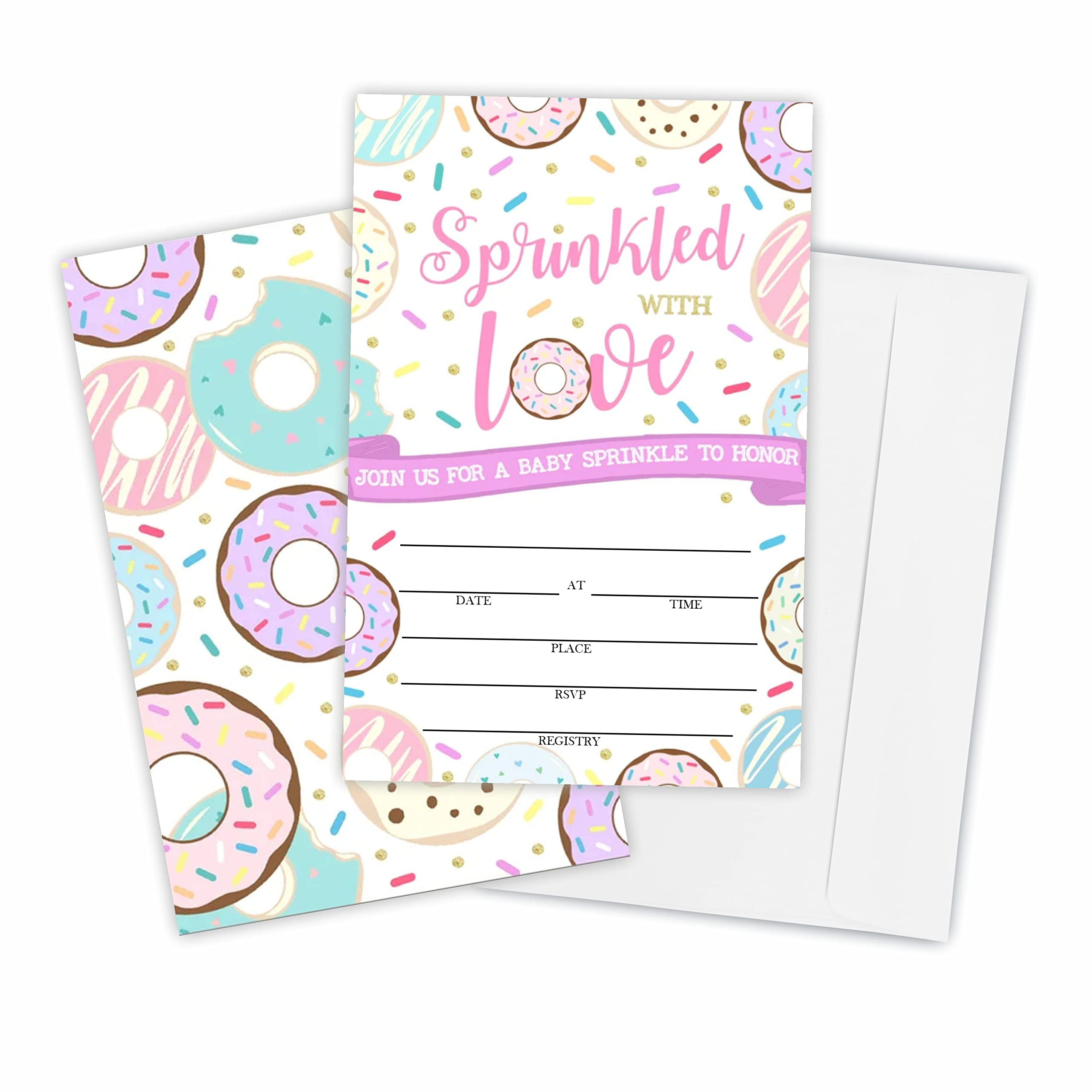 Set of 25 Sprinkled With Love Theme Baby Shower Invitations with Envelopes, Colorful Donuts Double-sided Fill in style Invites, Gender reveal,Baby