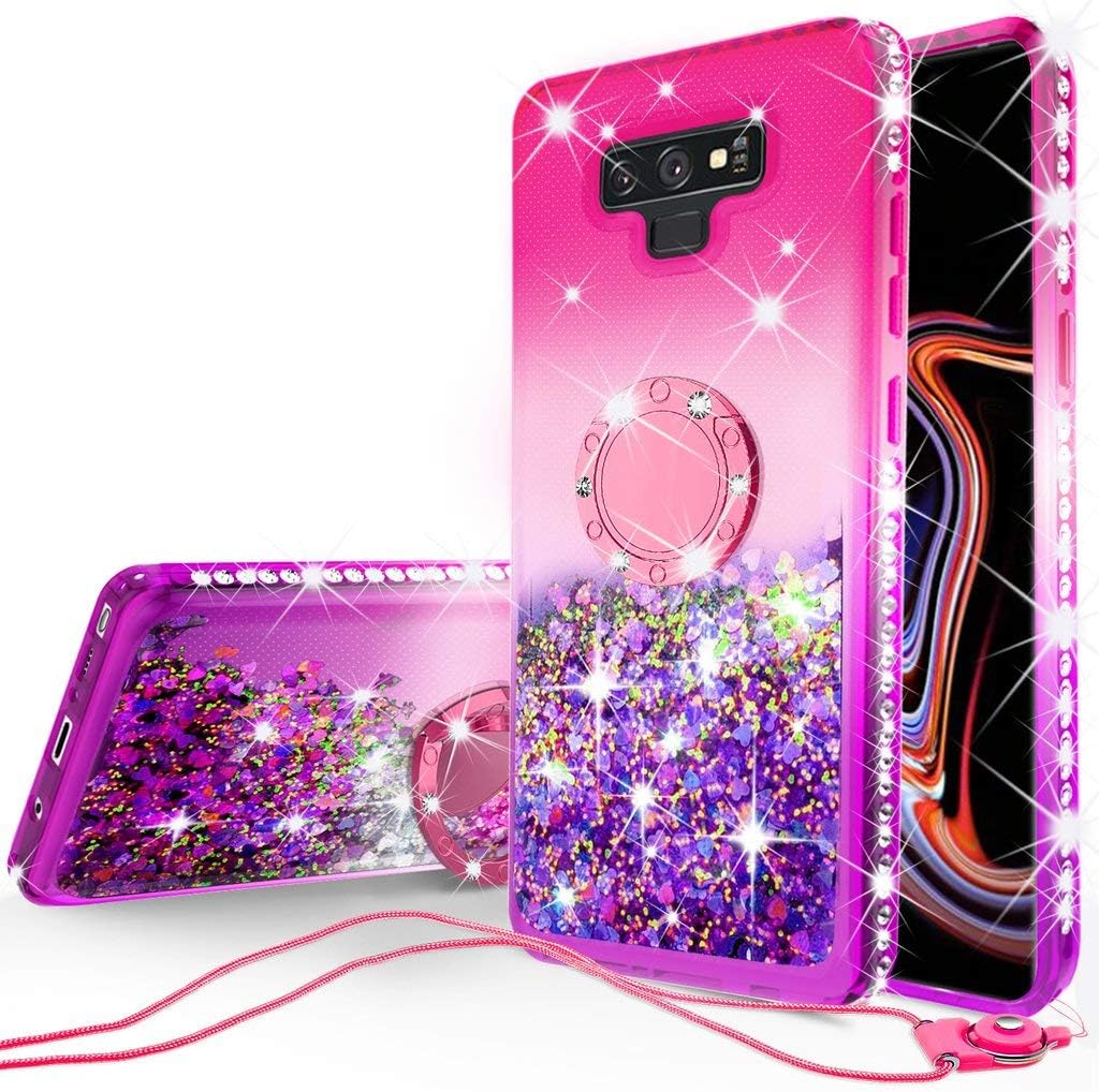 Galaxy Note 9 Case,Liquid Glitter Ring Kickstand Shock Proof Quicksand Bling Cover Compatible for Samsung Galaxy Note 9 Phone Cases Girls Women, Hot Pink/Purple