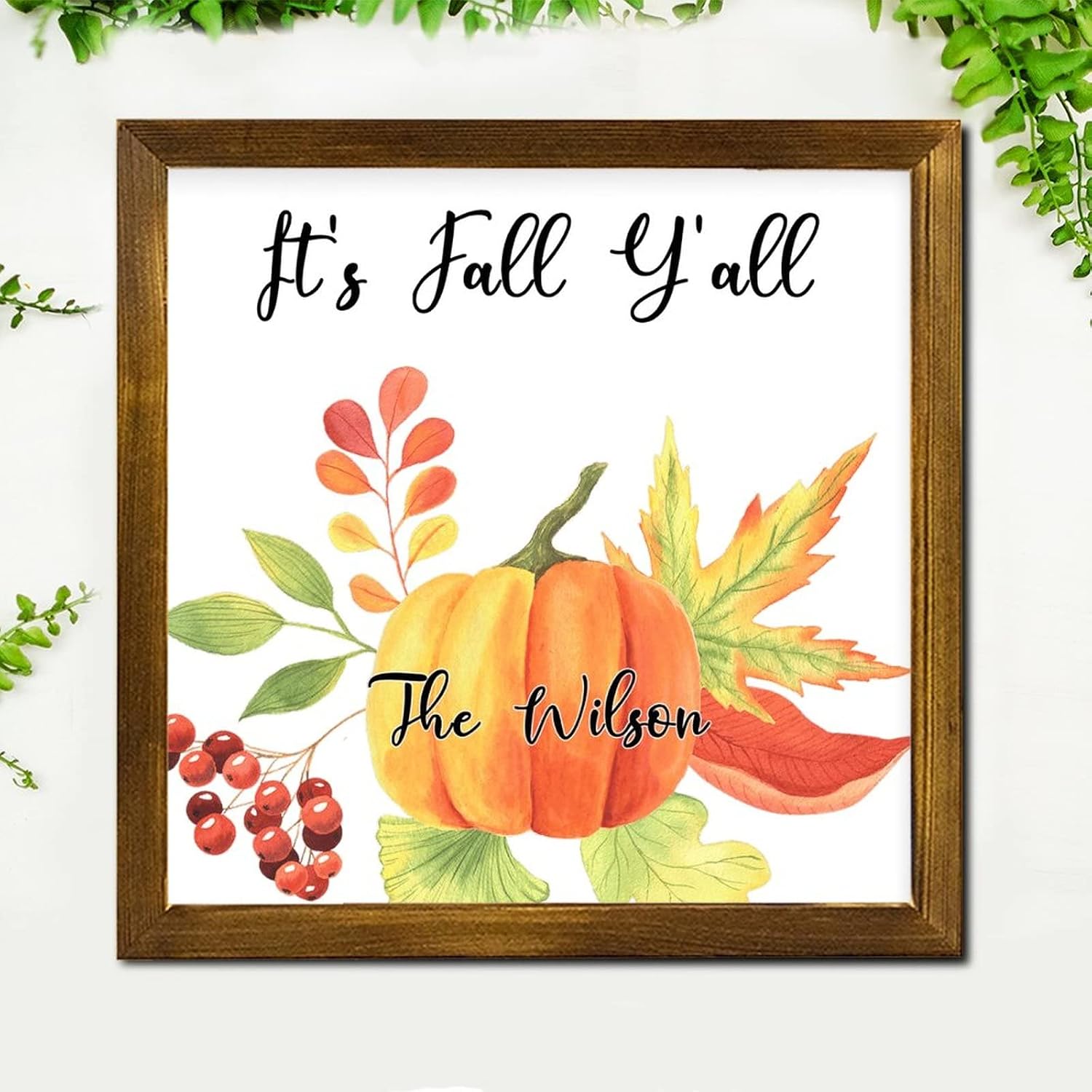 It's Fall Y'all Framed Wooden Sign Pumpkin Sunflower Custom Name Wall Art Signs Rustic Farm Harvest Home Wall Decoration for Laundry Room Bathroom Bedroom Home 12x12 inch