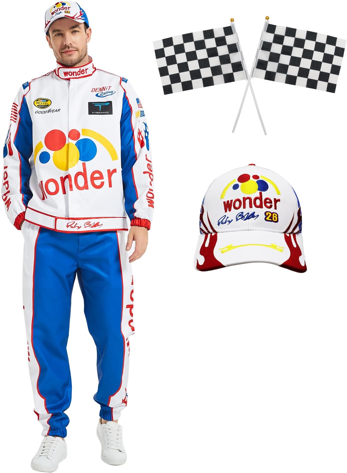 Enhopty Ricky Bobby Costume Talladega Nights Jacket Outfits Race Car Driver Clothing with Hat Flag for Adult Halloween