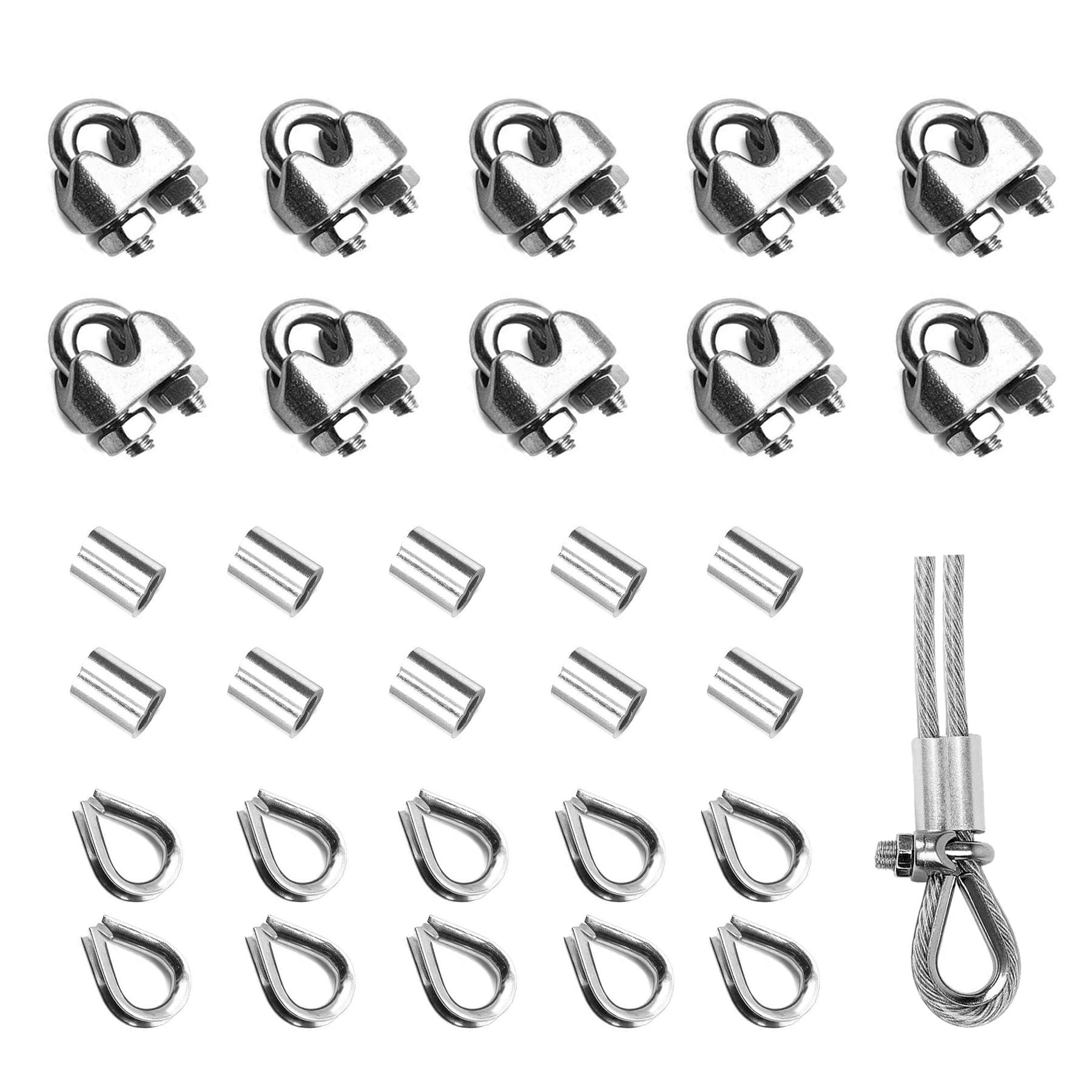 30PCS 1/4 Inches M6 Stainless Steel Wire Rope Cable Clip Clamp & M6 Thimble & M6 Aluminum Crimping Loop Sleeve (3 Styles 10PCS Each), Cable Clamp