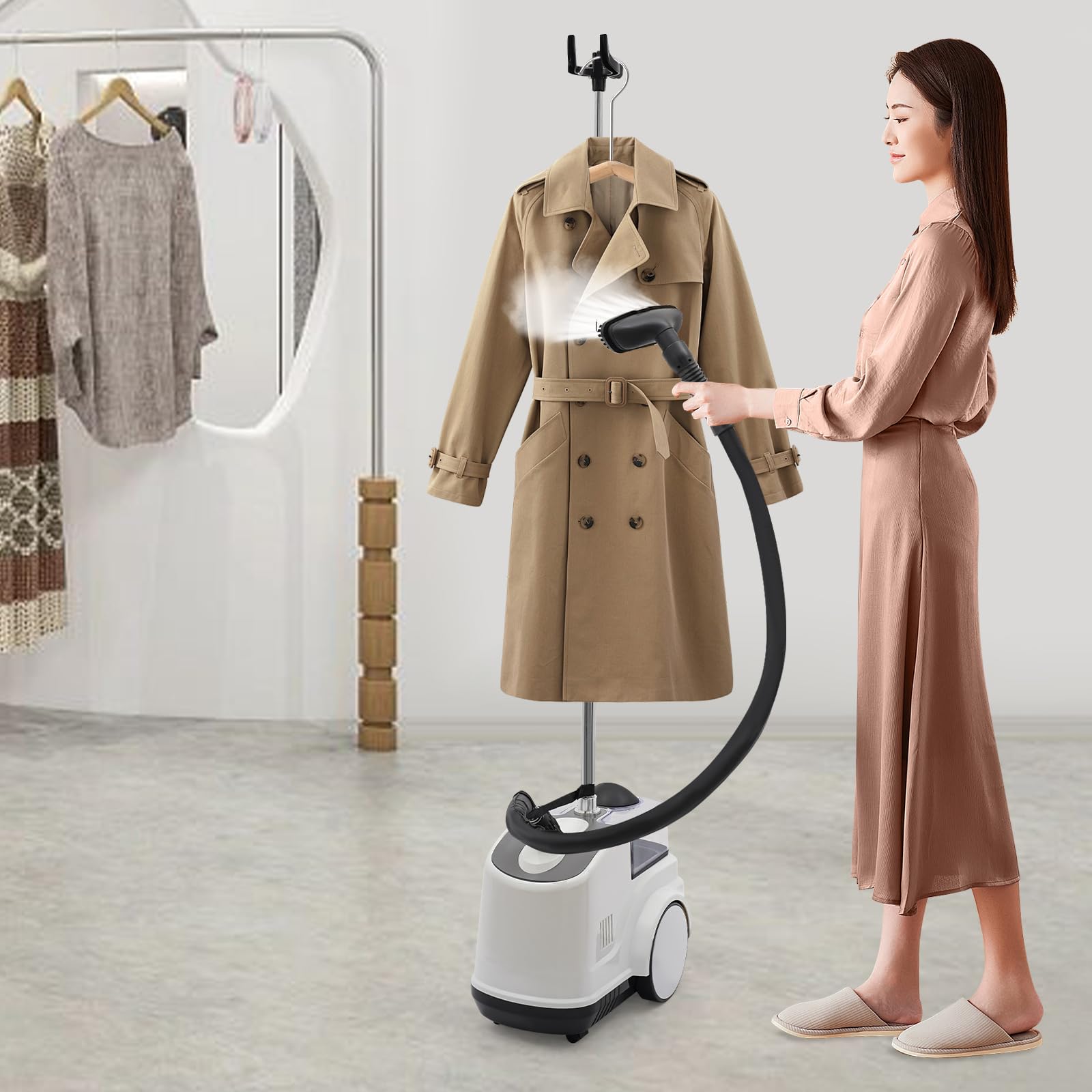 Professional Clothes Steamer,1500W Adjustable Steam Temperature Garment Steamer with Anti-dry Burning Function, 101.45Oz Clear Water Tank,45s Quickly Heating Time Fabric Steamer for Homes(White)