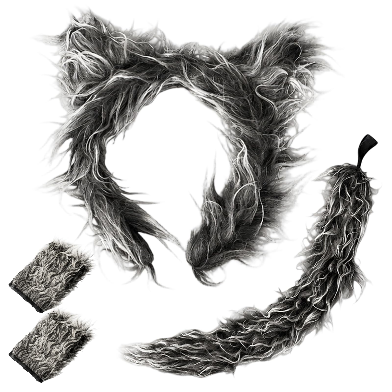 TUBAWD 4Pcs Wolf Ears, Grey Wolf Ears and Tail Set, Adult Wolf Costume Accessories, Four-Piece Cosplay Set, Furry Ears with Adjustable Headband, Fancy Dress Party Props