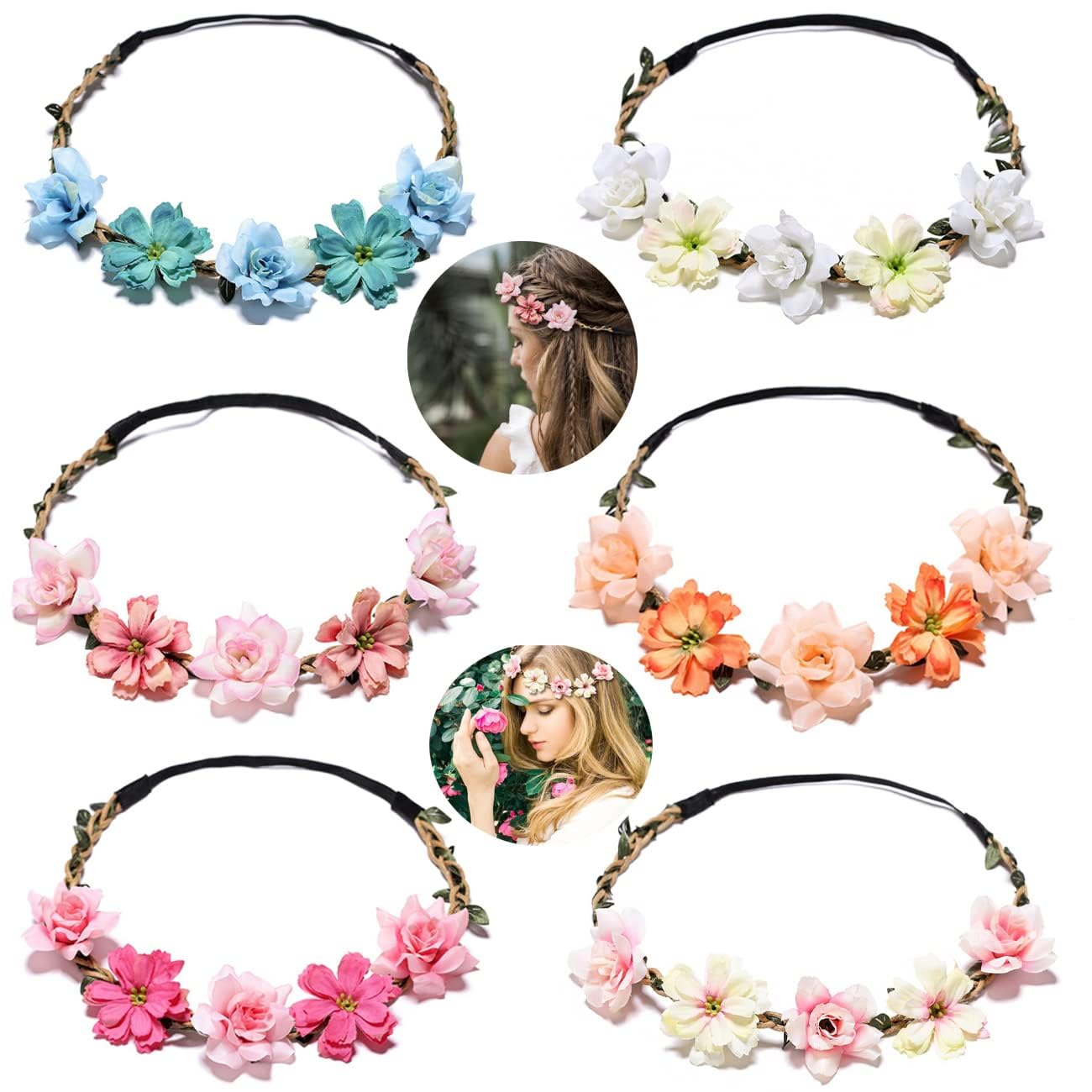 Women Headpieces Collection Accessories - 6 PCS Boho Hair Wreaths Flower Crowns Tiaras for Brides Bridesmaids Flower Girls